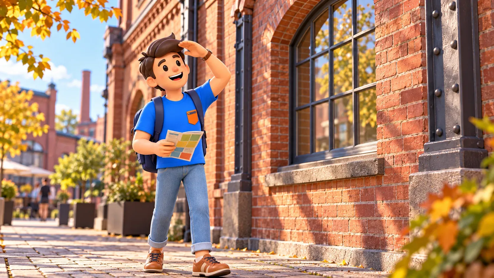 Illustration of a traveller with a leaflet observing brickwork on an imagined industrial façade.