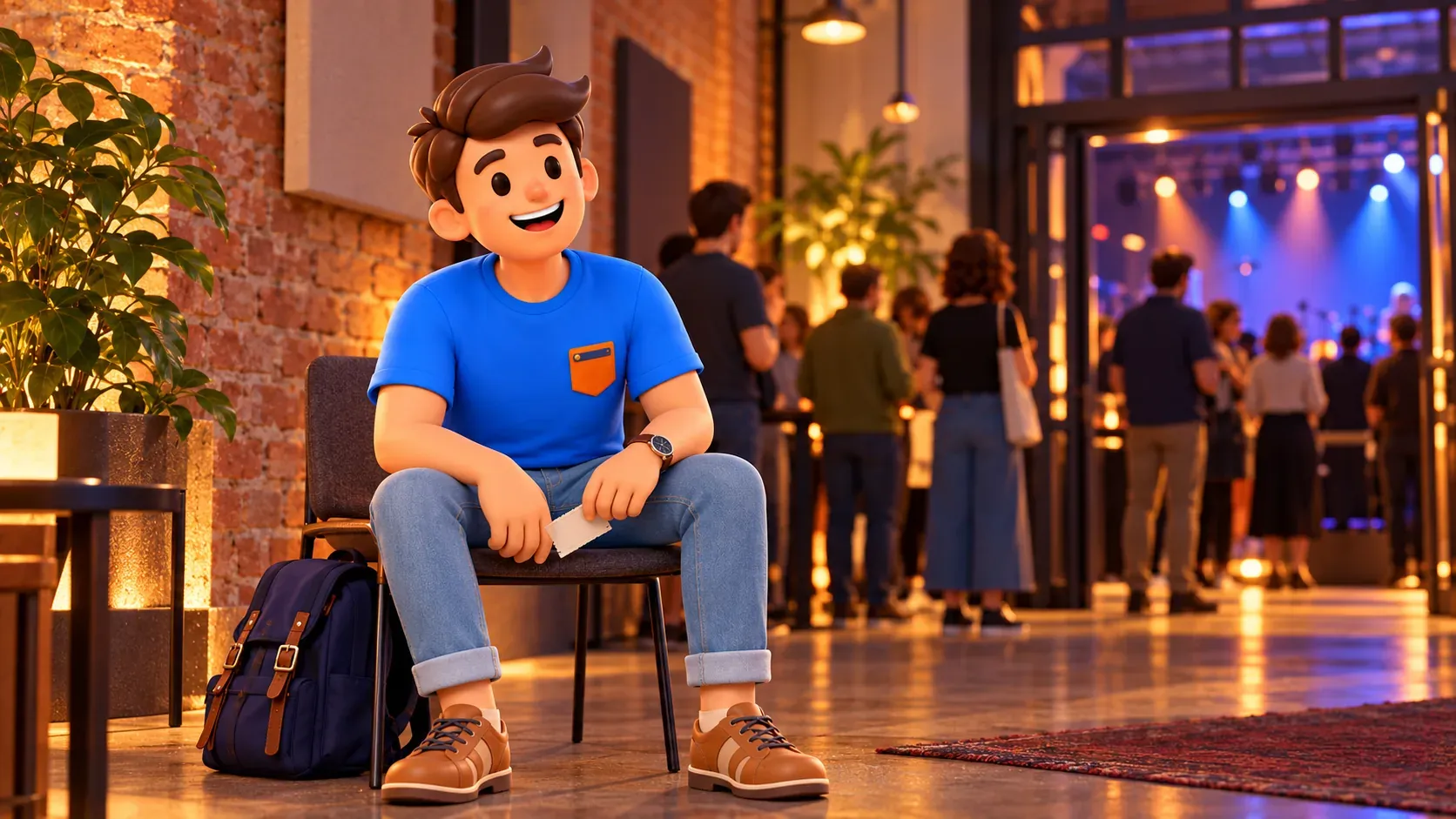 Illustration of a traveller holding an admission card while waiting in an imagined brick-walled performance foyer.