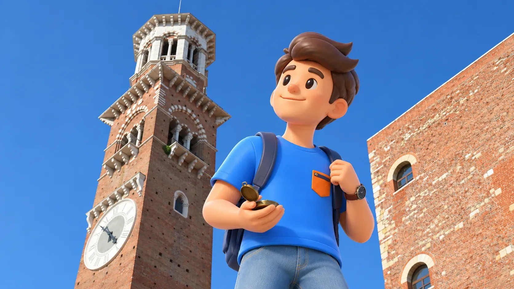 Ilustración: viajero contemplando la torre Lamberti desde la calle