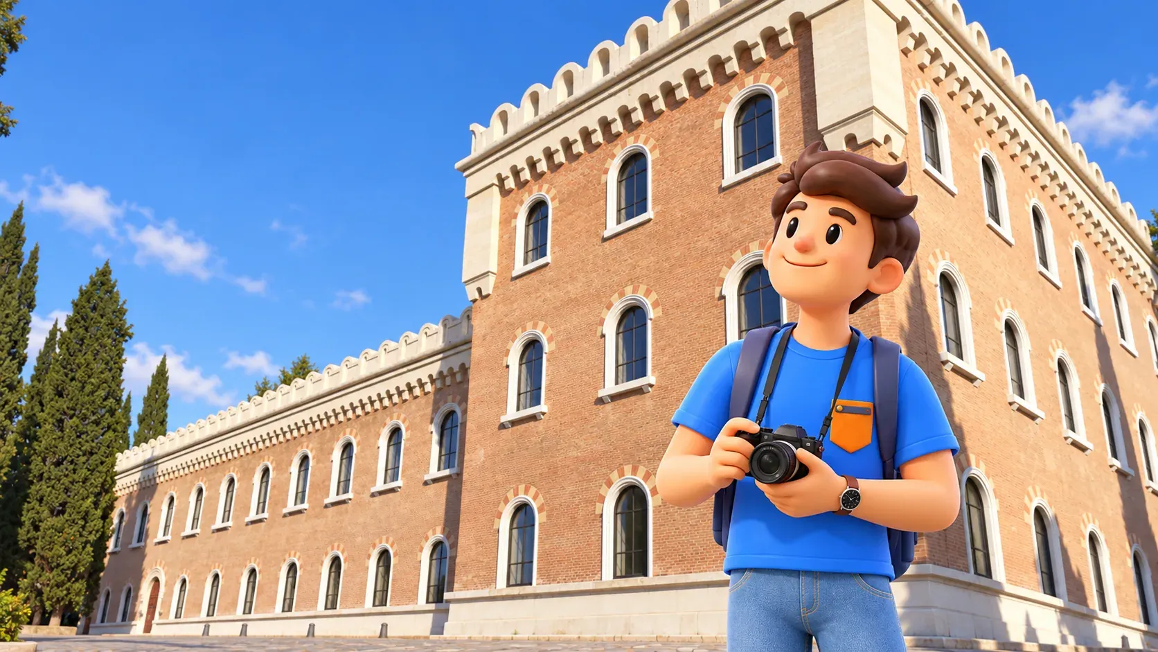 Ilustración: viajero con cámara ante el antiguo cuartel de Castel San Pietro