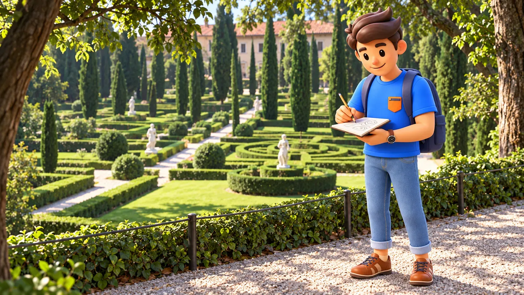 Ilustración: viajero dibujando la geometría del jardín Giusti desde un camino alto