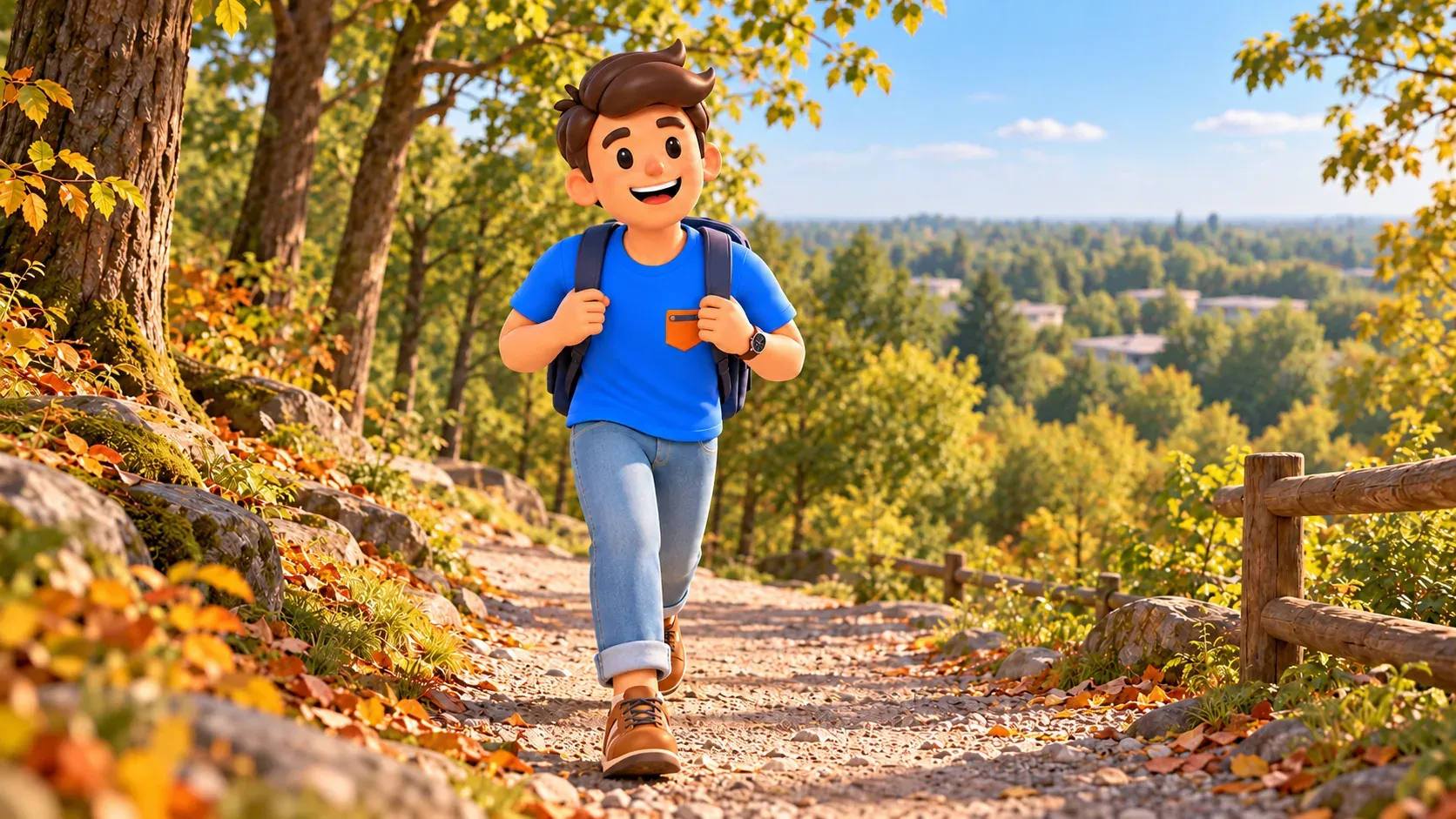 Illustration d’un voyageur montant un chemin boisé parmi les arbres d’automne.