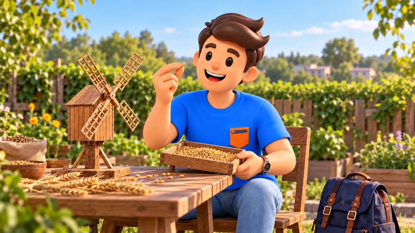 Illustration d’un voyageur examinant du grain près d’un modèle pédagogique de moulin en bois sur pivot.