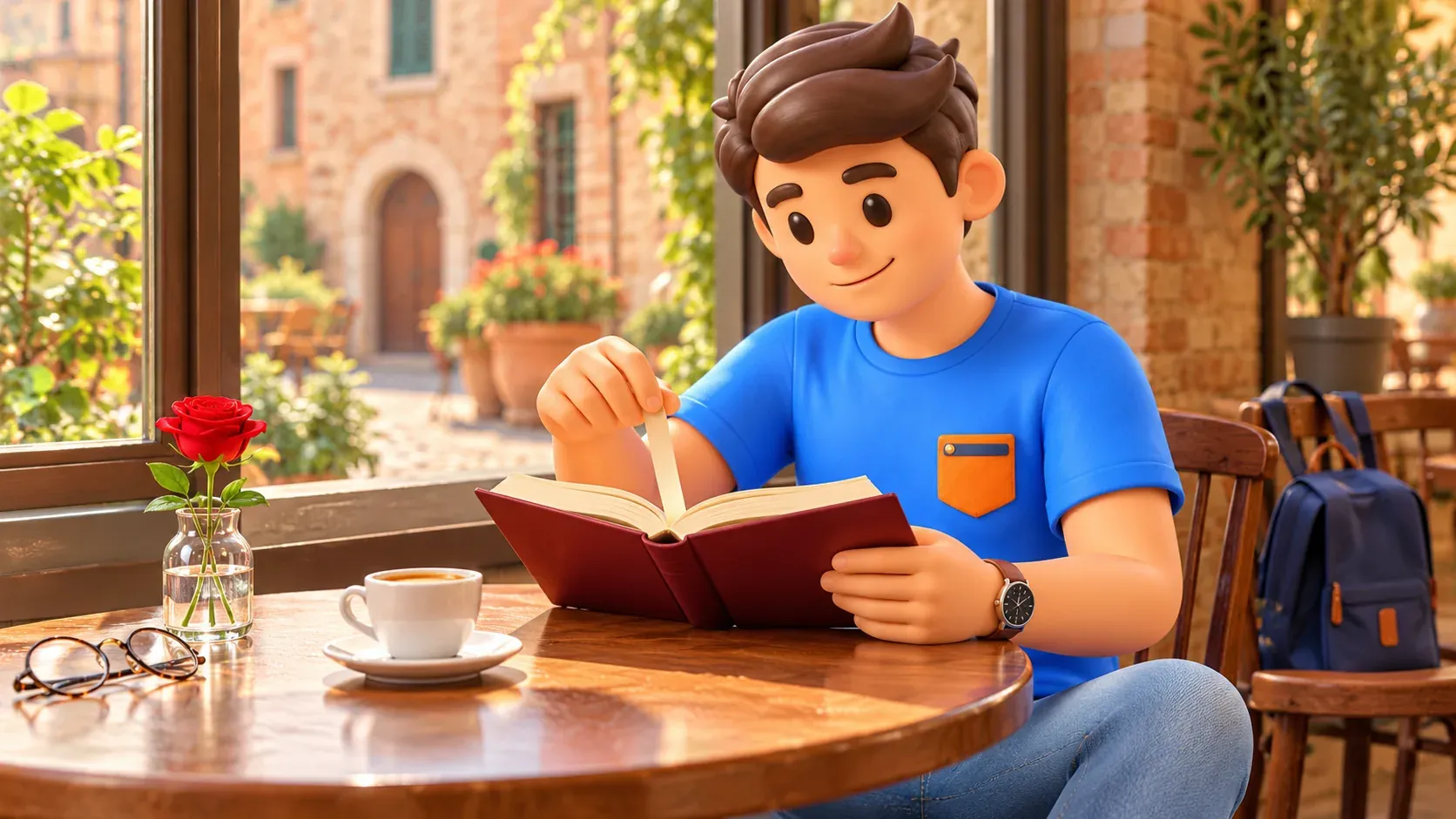 Illustration: Reisender liest ein Buch bei einer eigenen Kaffeepause