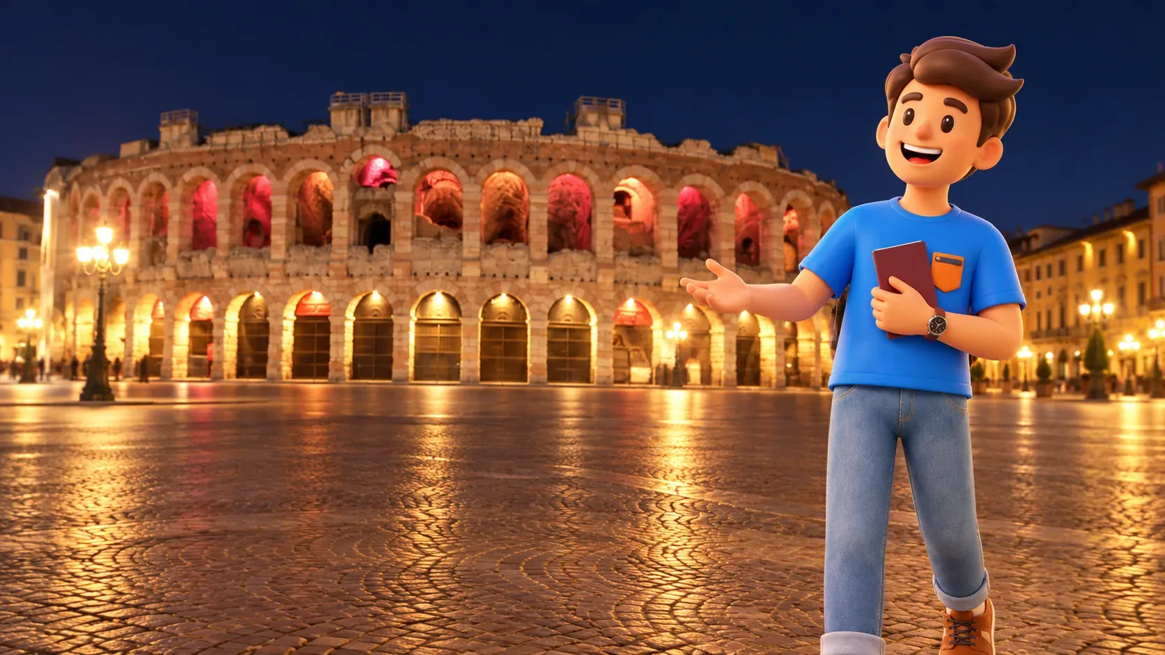 Illustration: Reisender mit Programmheft abends auf dem Platz vor der Arena