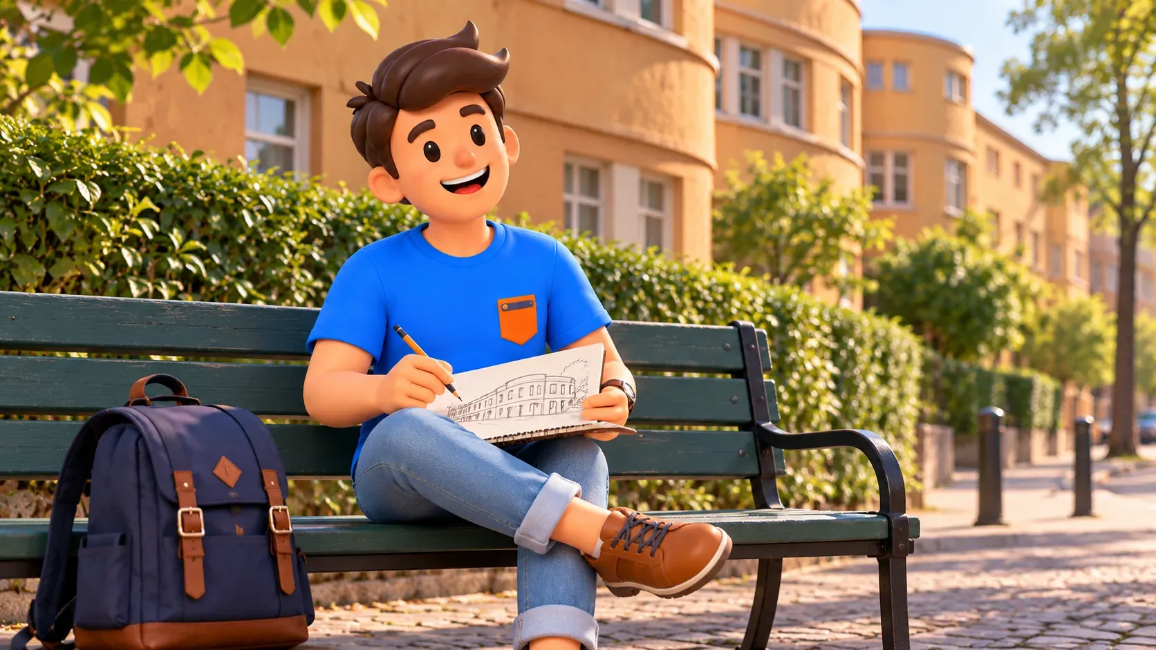 Illustration of a traveller sketching an imagined curved row of homes on an open notebook page while sitting on a bench.