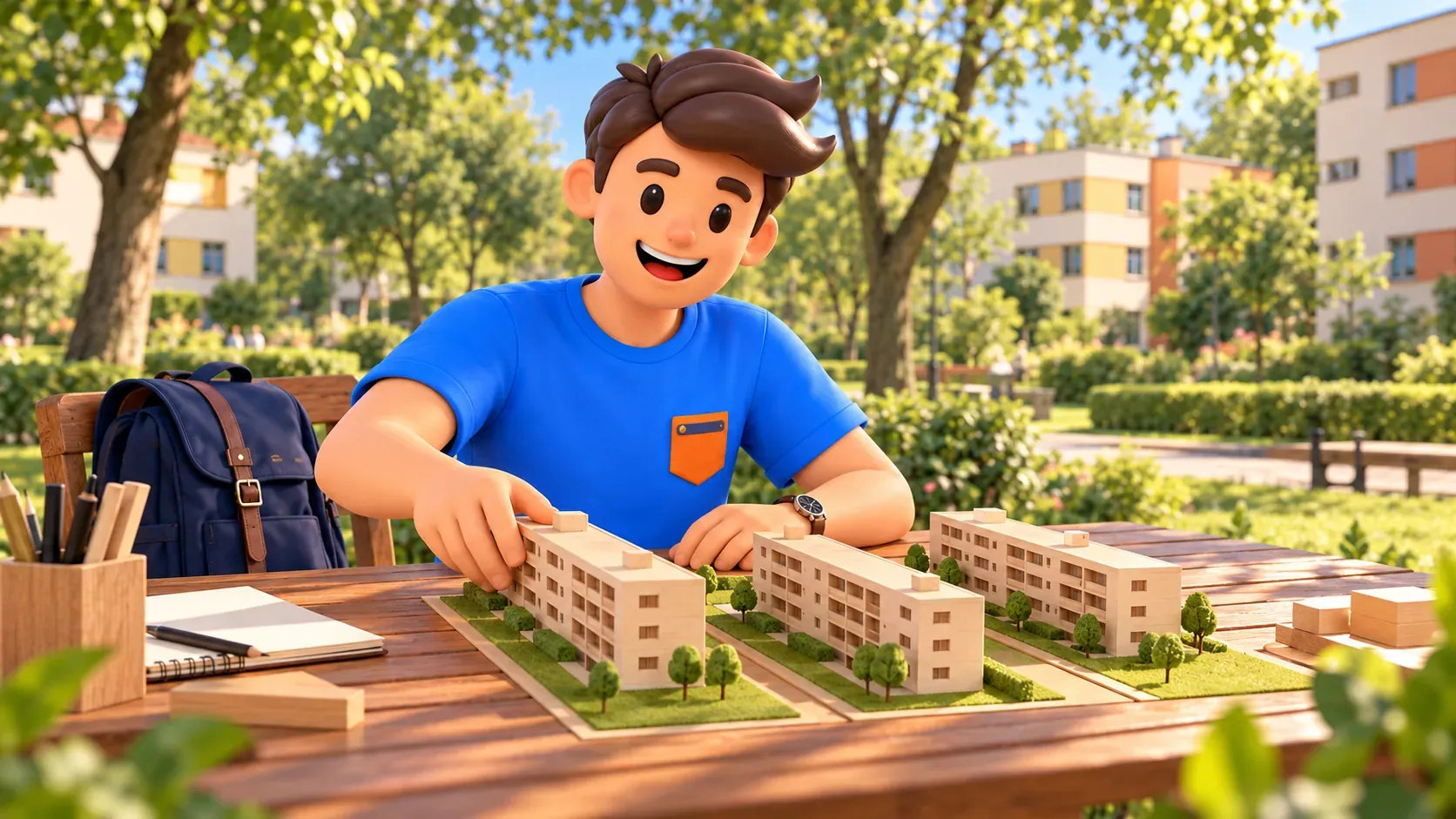 Illustration of a traveller arranging educational wooden residential block models with green spaces between them.