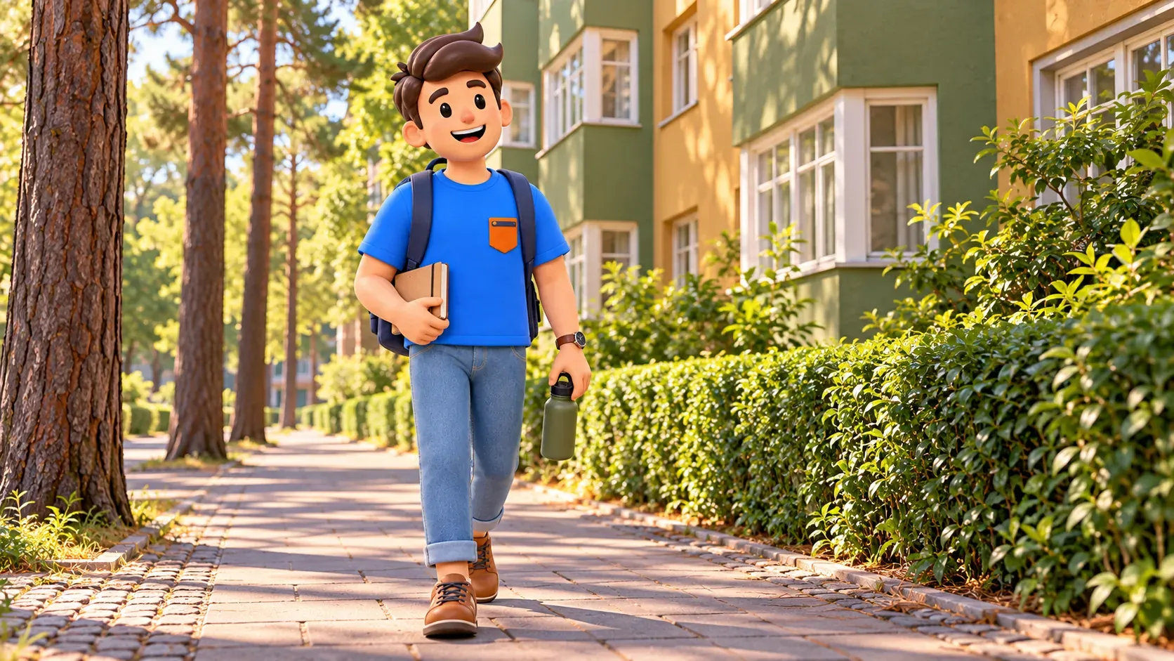 Illustration of a traveller with a notebook and water bottle on a pine-lined pavement beside imagined coloured homes.