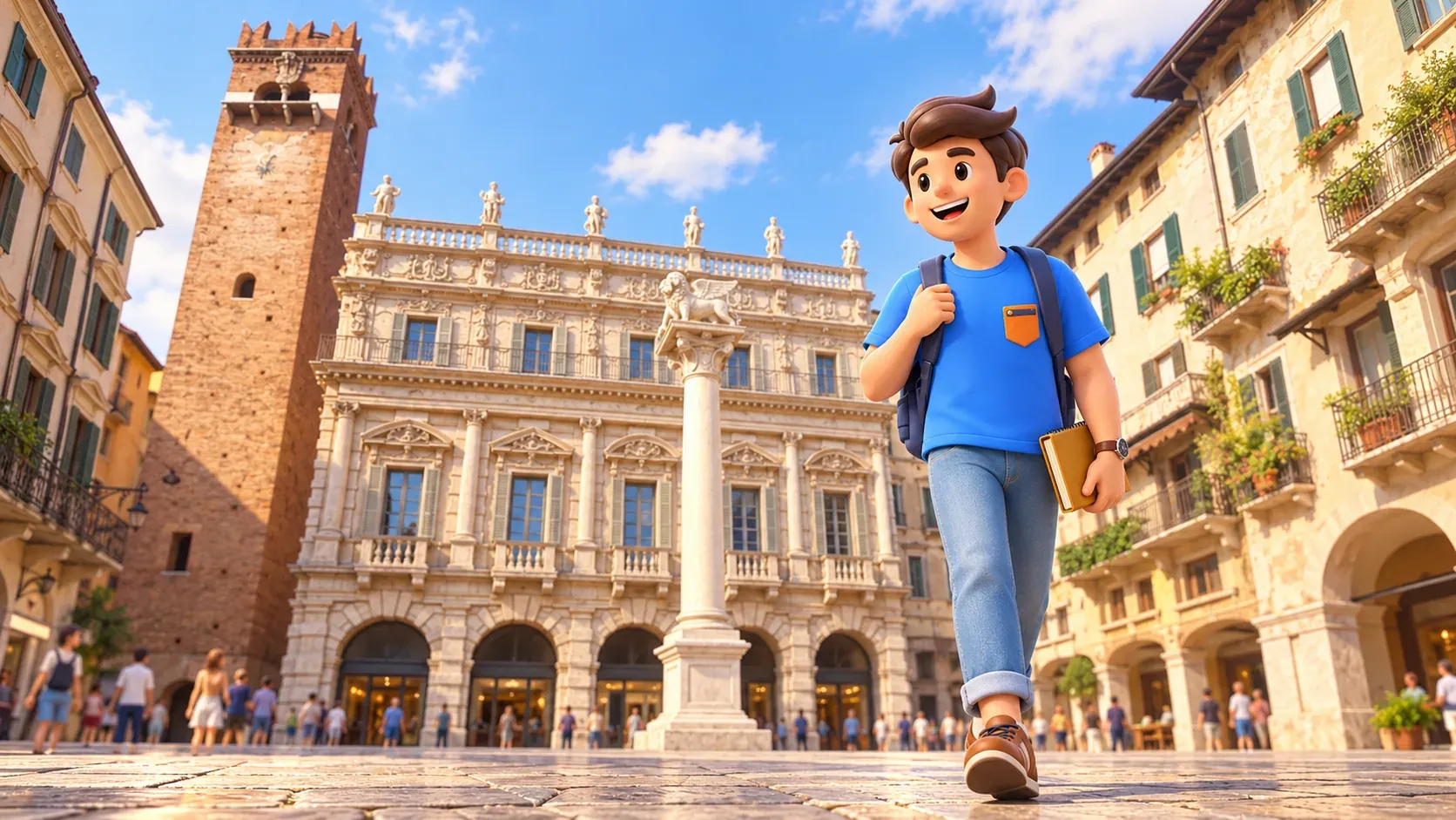 Illustration: Reisender mit Notizbuch auf der Piazza Erbe