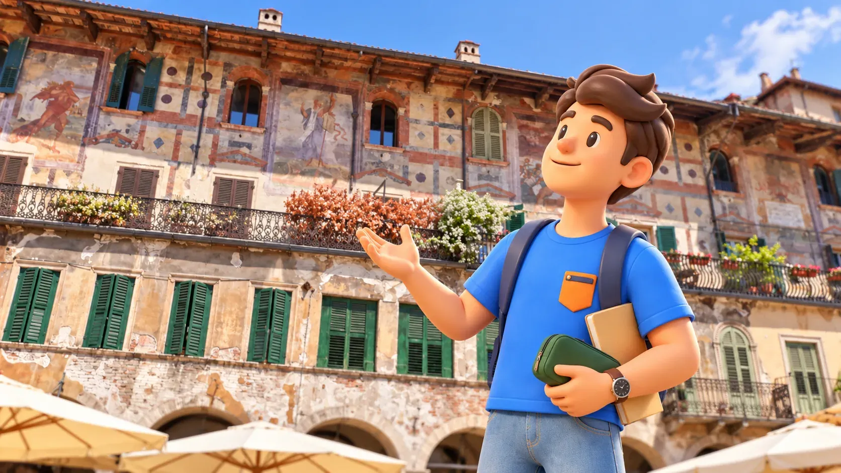 Ilustración: viajero observando las fachadas pintadas de las casas Mazzanti