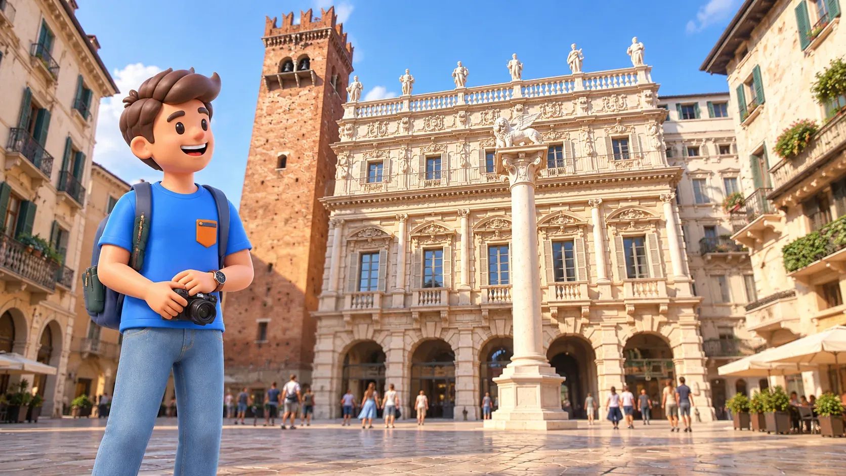 Ilustración: viajero con cámara ante el Palazzo Maffei y la torre del Gardello