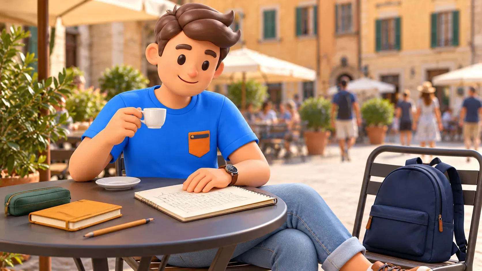 Ilustración: viajero descansando en un café y mirando sus propios bocetos