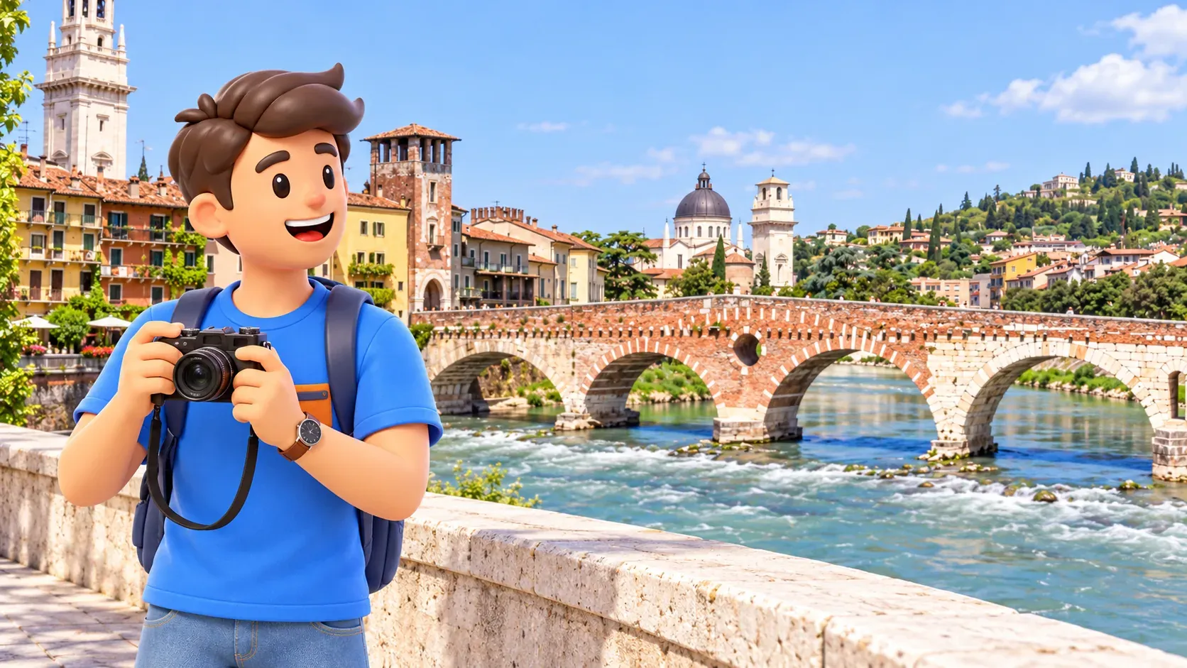 Illustration : voyageur avec appareil regardant Ponte Pietra depuis la rive
