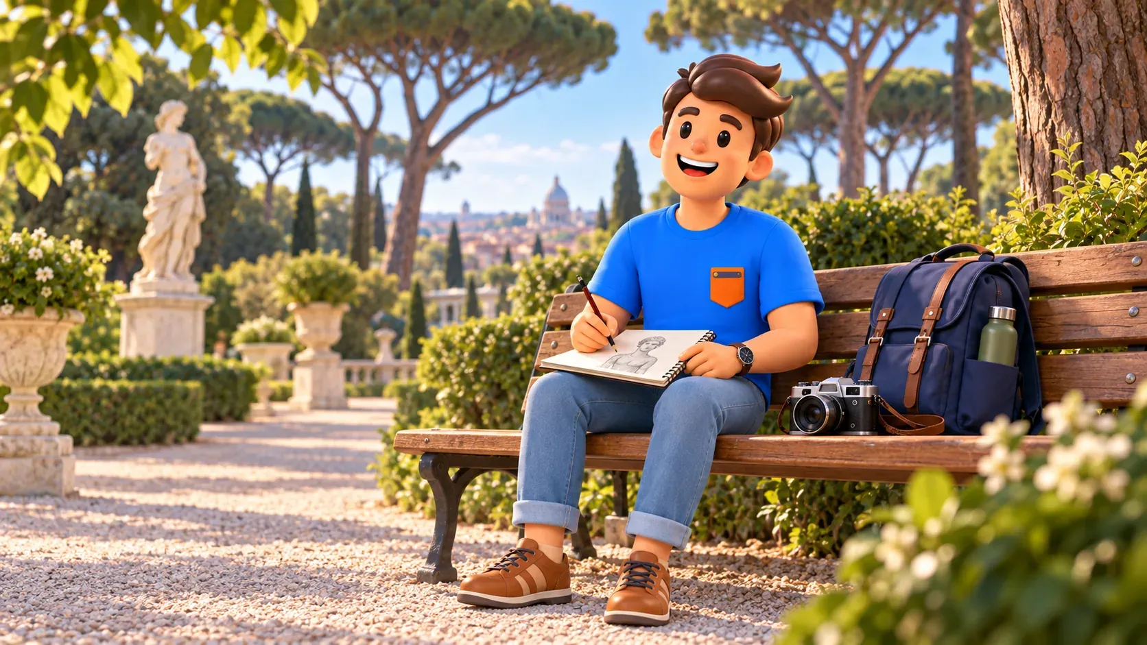 A traveller relaxing in a Roman park and sketching after an art visit