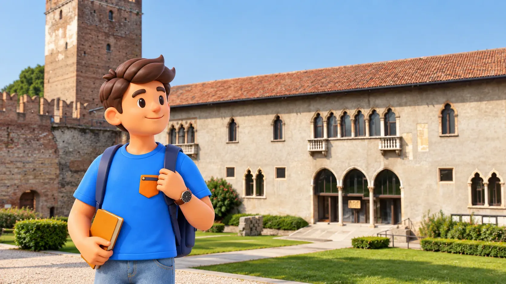 Illustration d’un voyageur avec un carnet dans la cour du musée de Castelvecchio