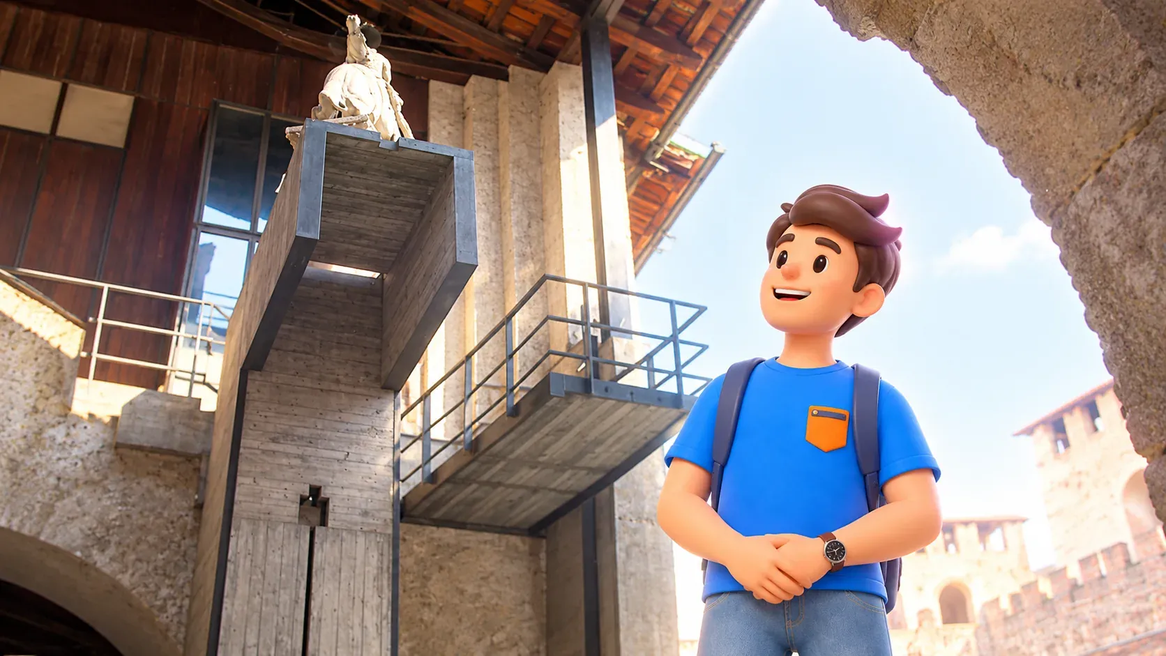 Illustration d’un voyageur regardant le support élevé de la statue équestre de Cangrande Ier
