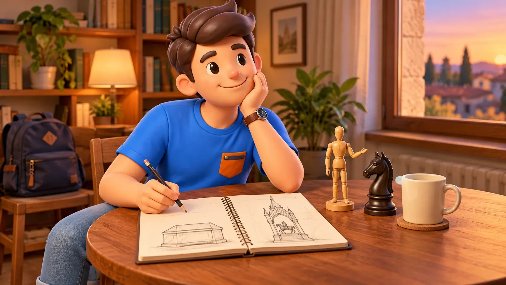 Illustration of a traveller considering his own tomb sketches at a table with a wooden mannequin and chess knight