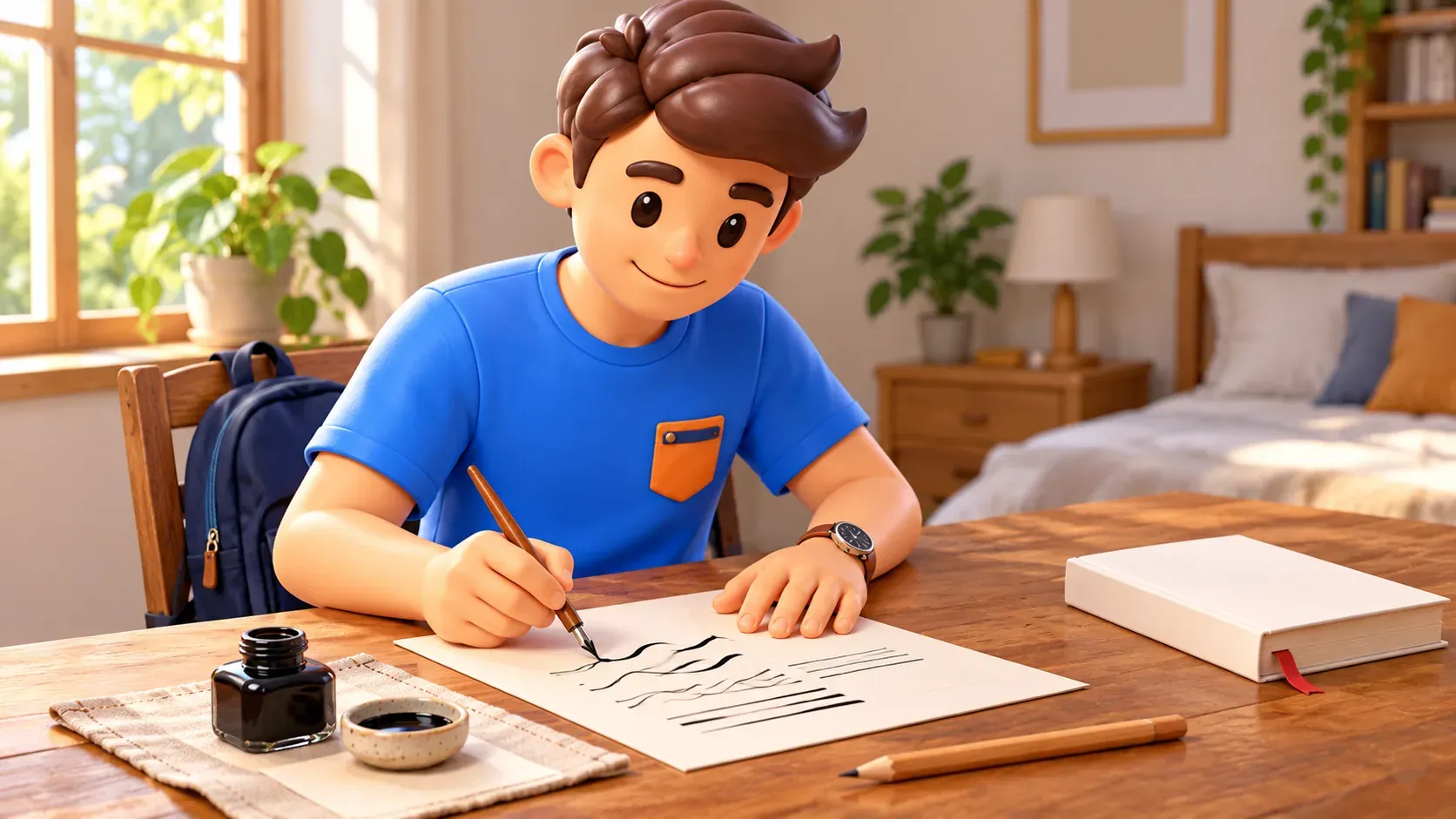 Ilustración de un viajero practicando con una pluma sobre papel moderno en su habitación