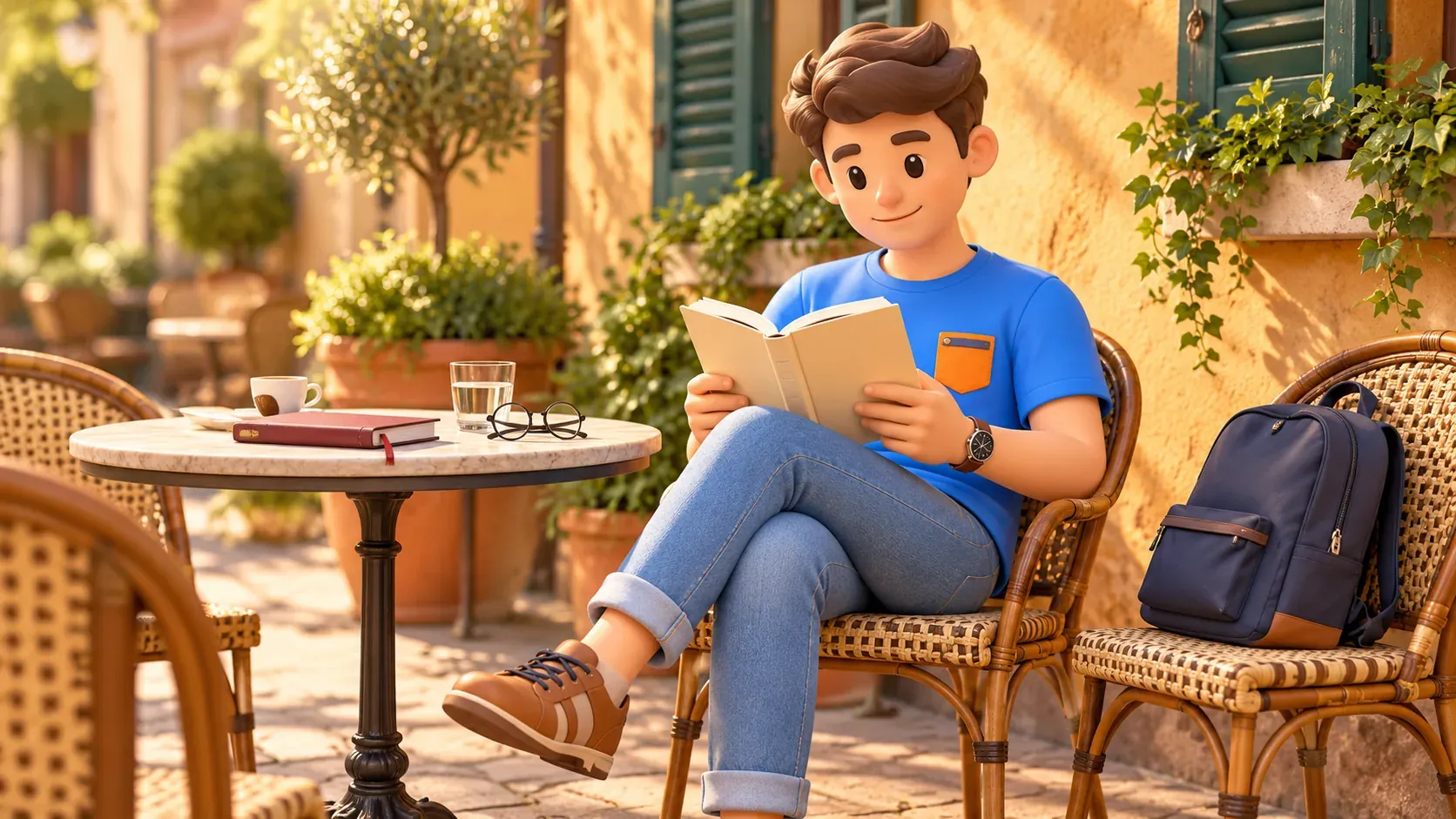 Ilustración de un viajero leyendo su libro moderno en una terraza después de visitar la biblioteca