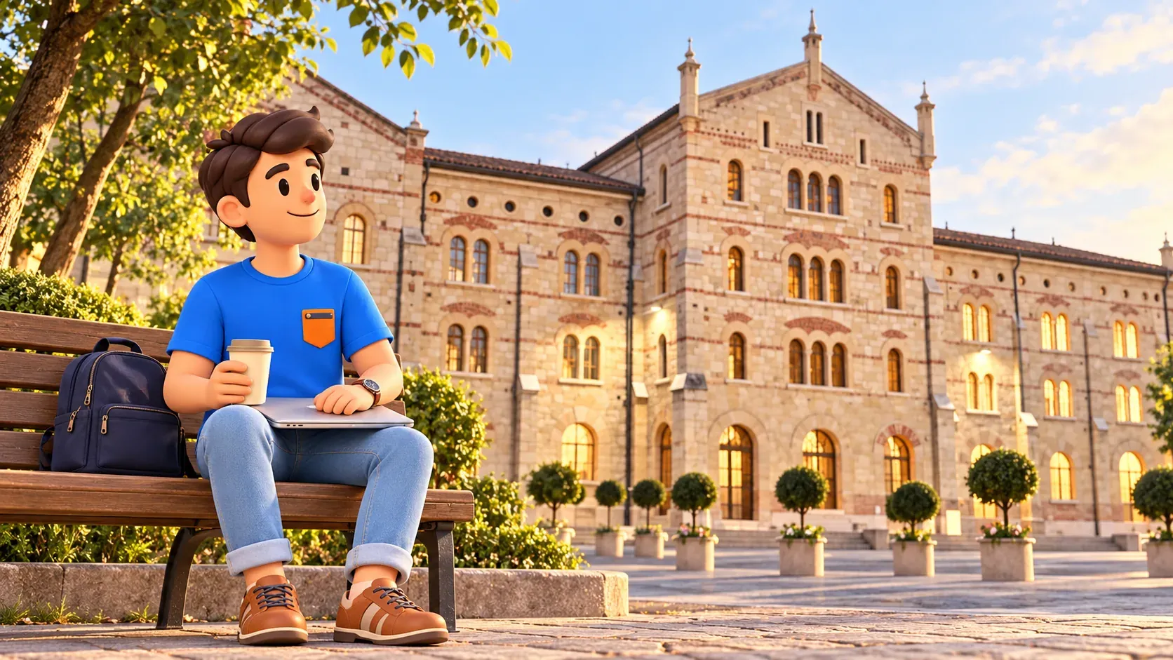 Illustration of a traveller resting with a closed laptop and cup outside Santa Marta