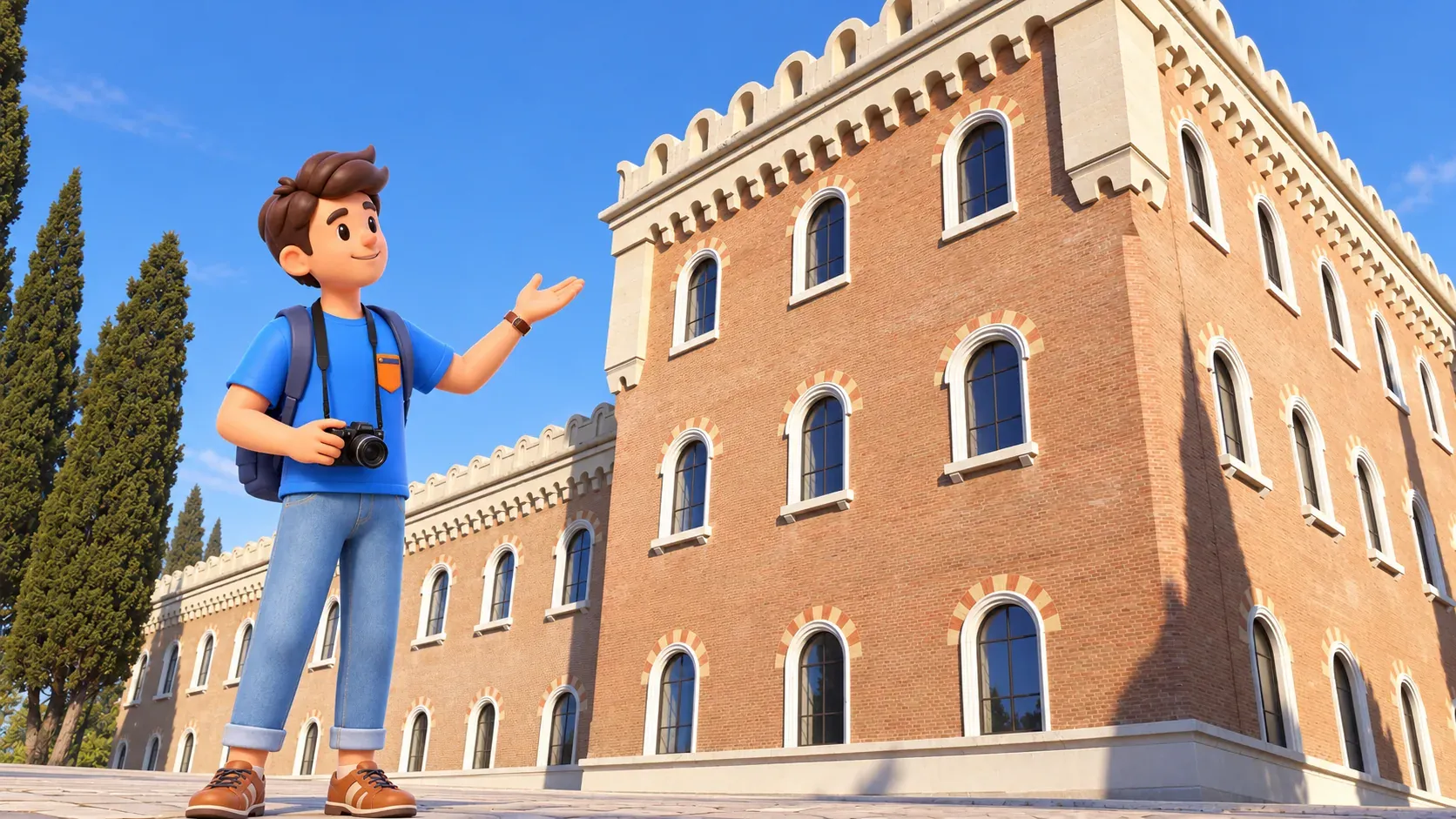 Illustration of a traveller with a camera gesturing towards the brick facade of San Pietro’s former barracks