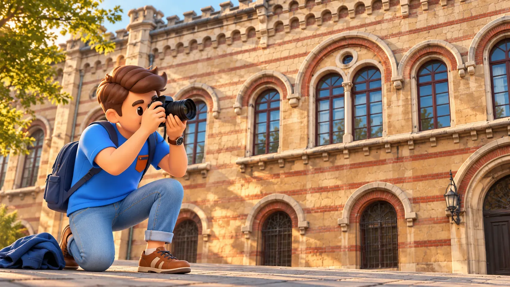 Illustration of a traveller kneeling on one knee for architectural photography beside the Arsenal
