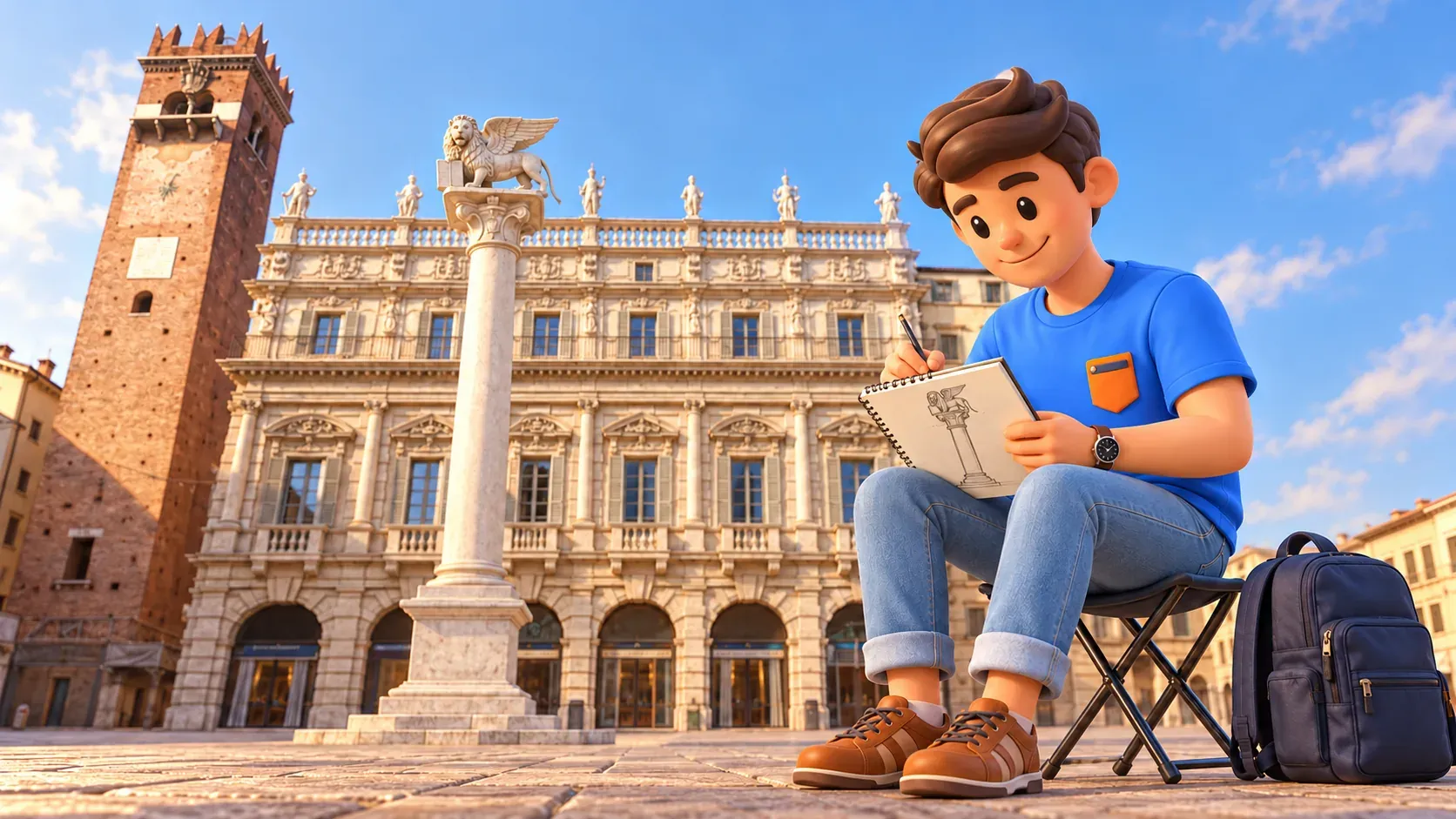 Illustration: Ein Reisender zeichnet die Löwensäule vor dem Palazzo Maffei.
