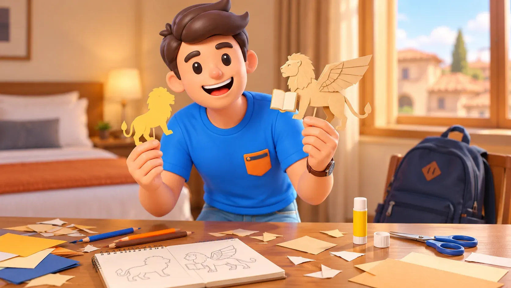 Illustration: Ein Reisender vergleicht selbst gebastelte Papierfiguren eines gewöhnlichen und eines geflügelten Löwen.