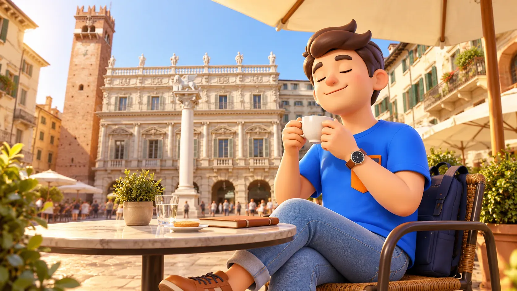 Illustration: Ein Reisender macht eine Cafépause mit der Markussäule im Hintergrund.