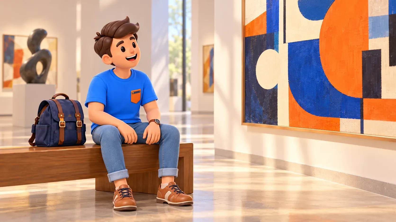 Voyageur sur un banc de musée devant une peinture abstraite fictive ; illustration.