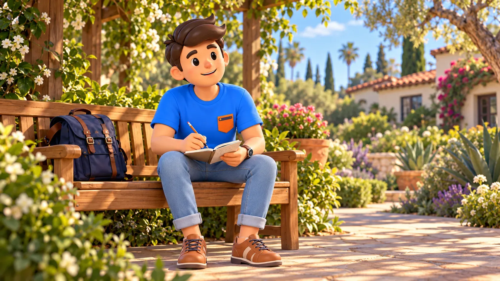 Viajero anotando una impresión en un banco bajo una pérgola de jardín imaginario; ilustración.