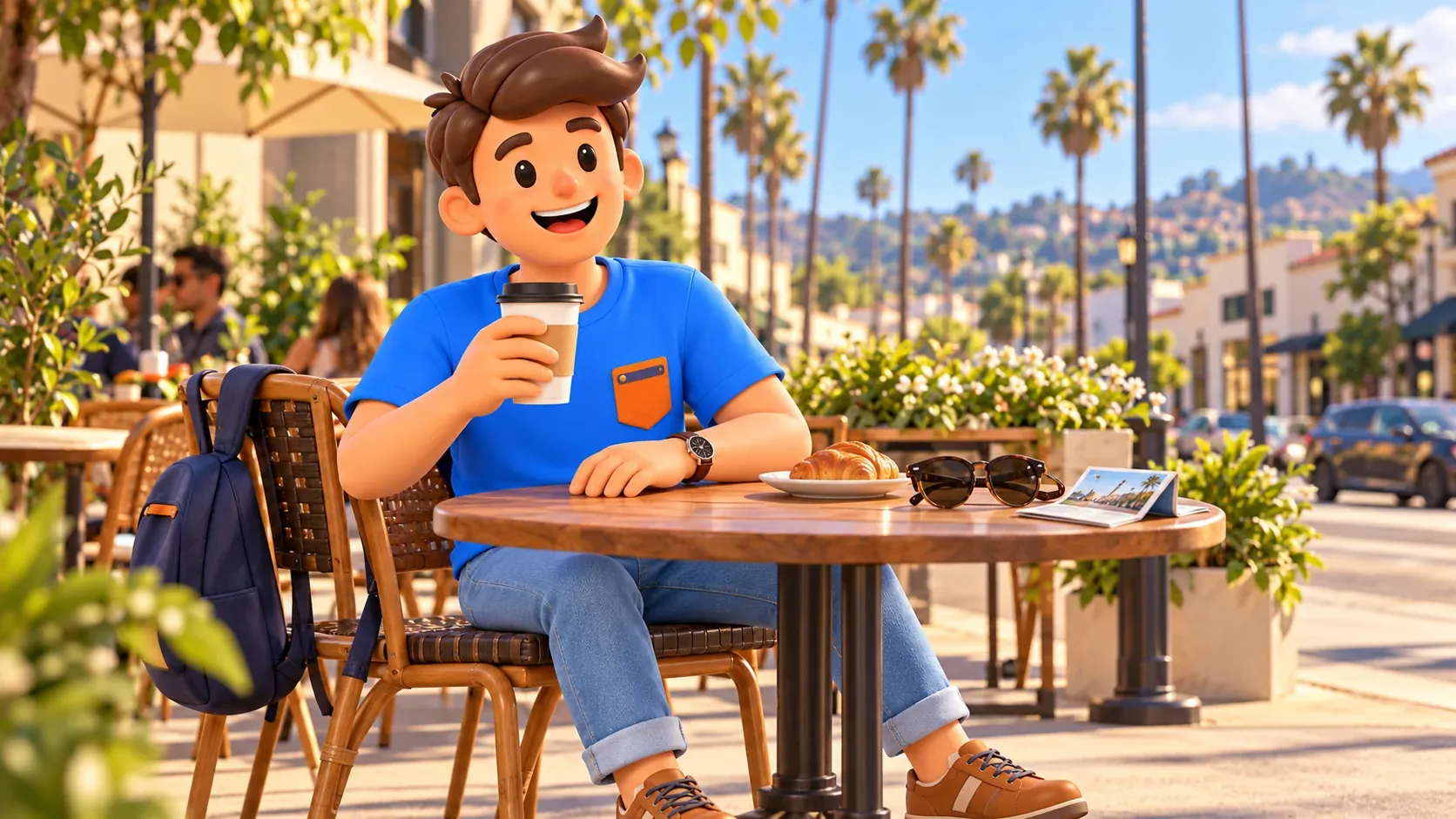 Viajero descansando con una bebida en un café imaginario tras la visita; ilustración.