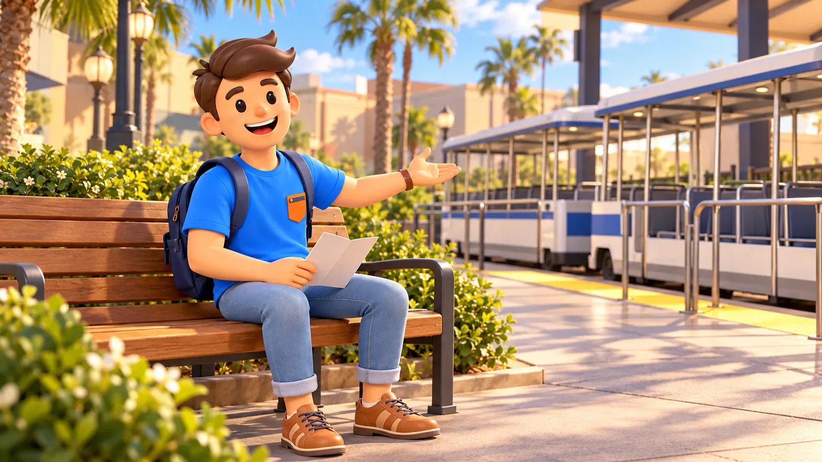 Reisender mit Prospekt neben einer erfundenen Studiobahn; Illustration.