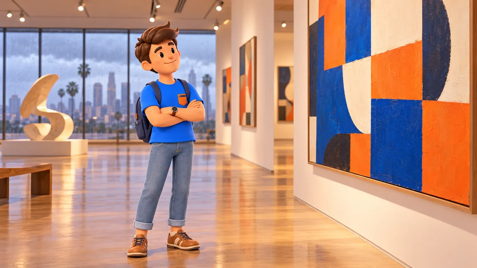 Traveler with folded arms studying a fictional abstract painting; illustration.