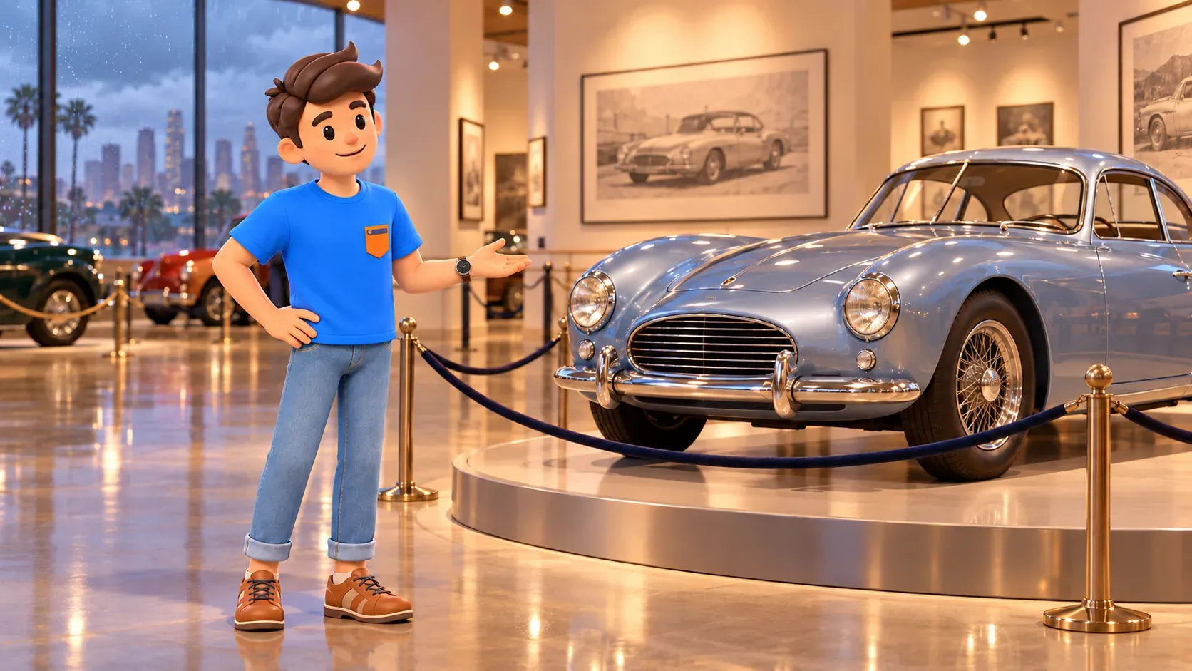 Traveler observing a fictional vintage car behind a museum barrier; illustration.