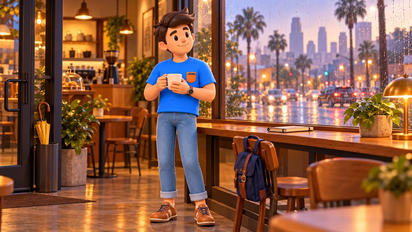 Traveler with a warm mug resting by an imaginary cafe window in rain; illustration.