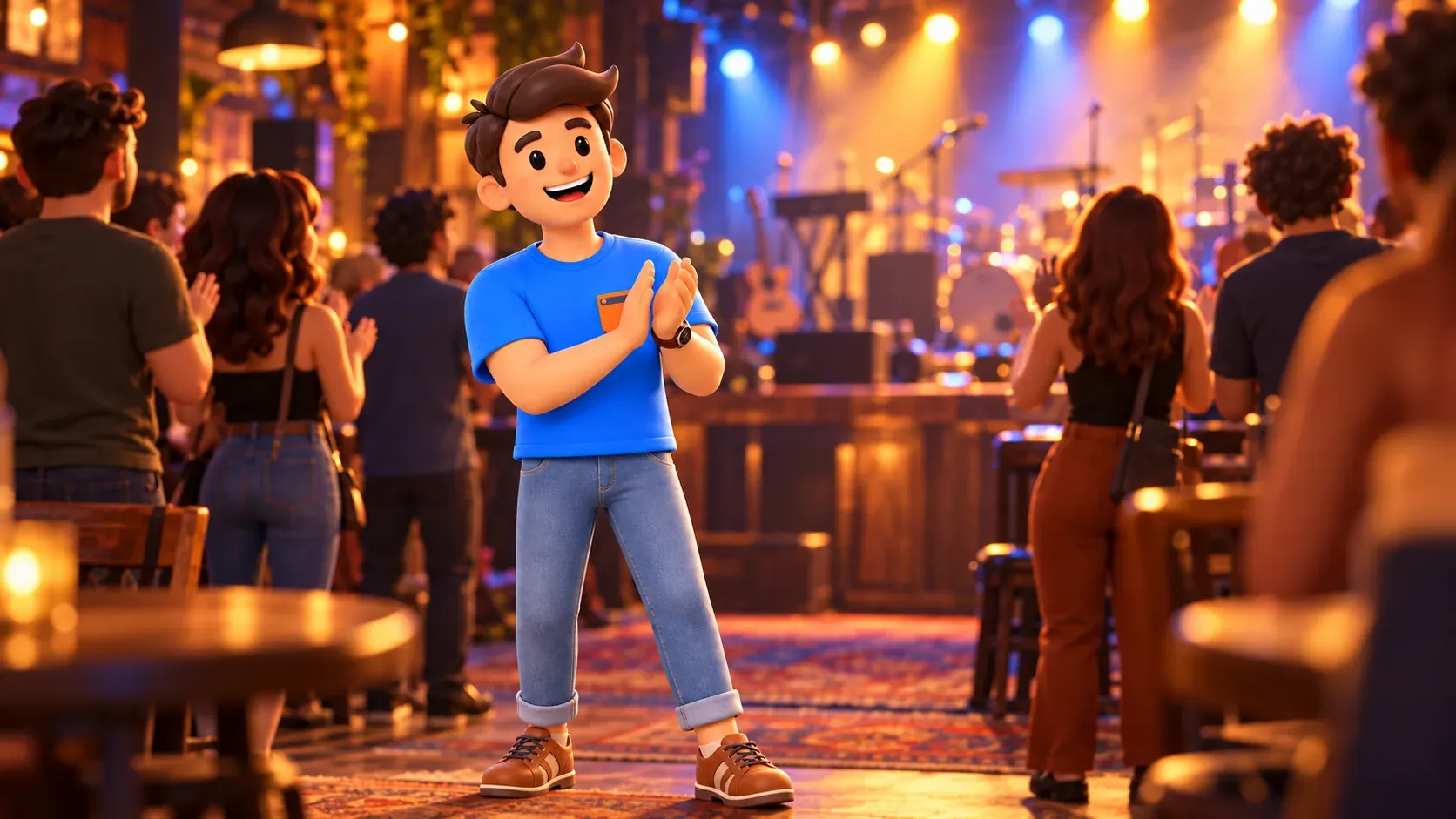 Voyageur applaudissant dans un club musical imaginaire ; illustration.