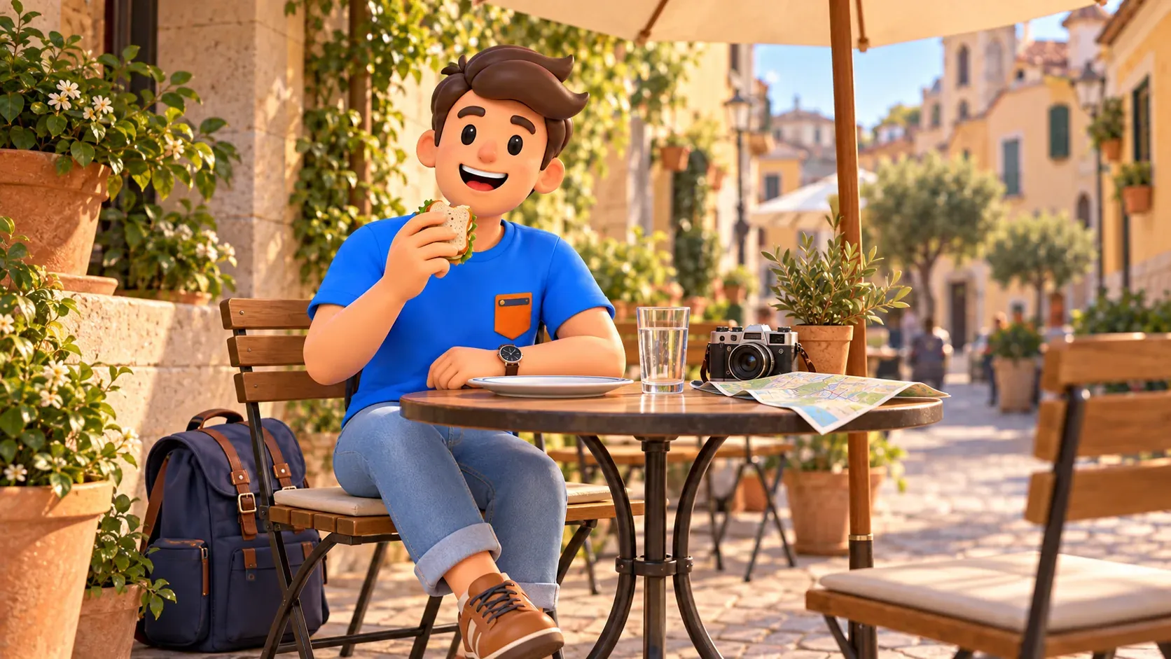 Ein Reisender macht Mittagspause im römischen Café mit Wasser und Karte auf dem Tisch
