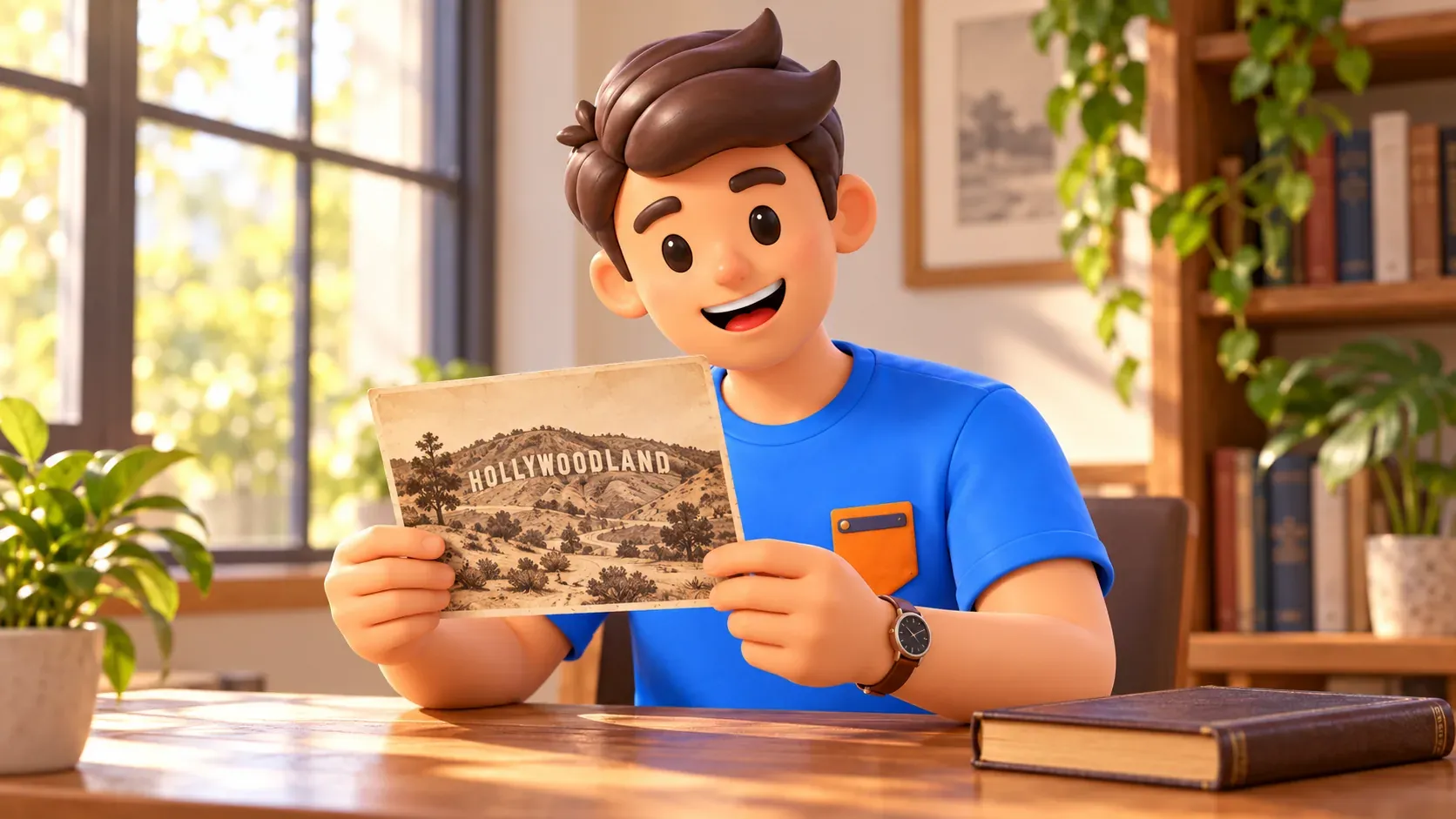 Viajero mirando una ilustración histórica inventada de Hollywoodland, sin fotografía de archivo.