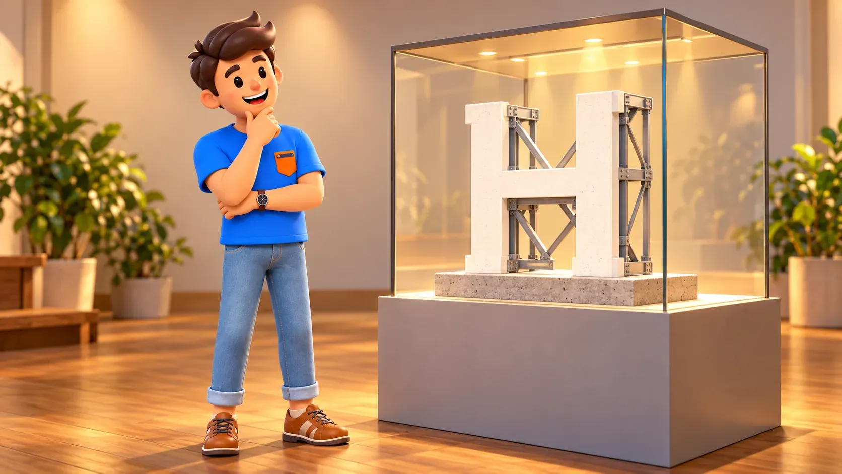 Viajero y maqueta educativa H ficticia, sin exposición real; ilustración.