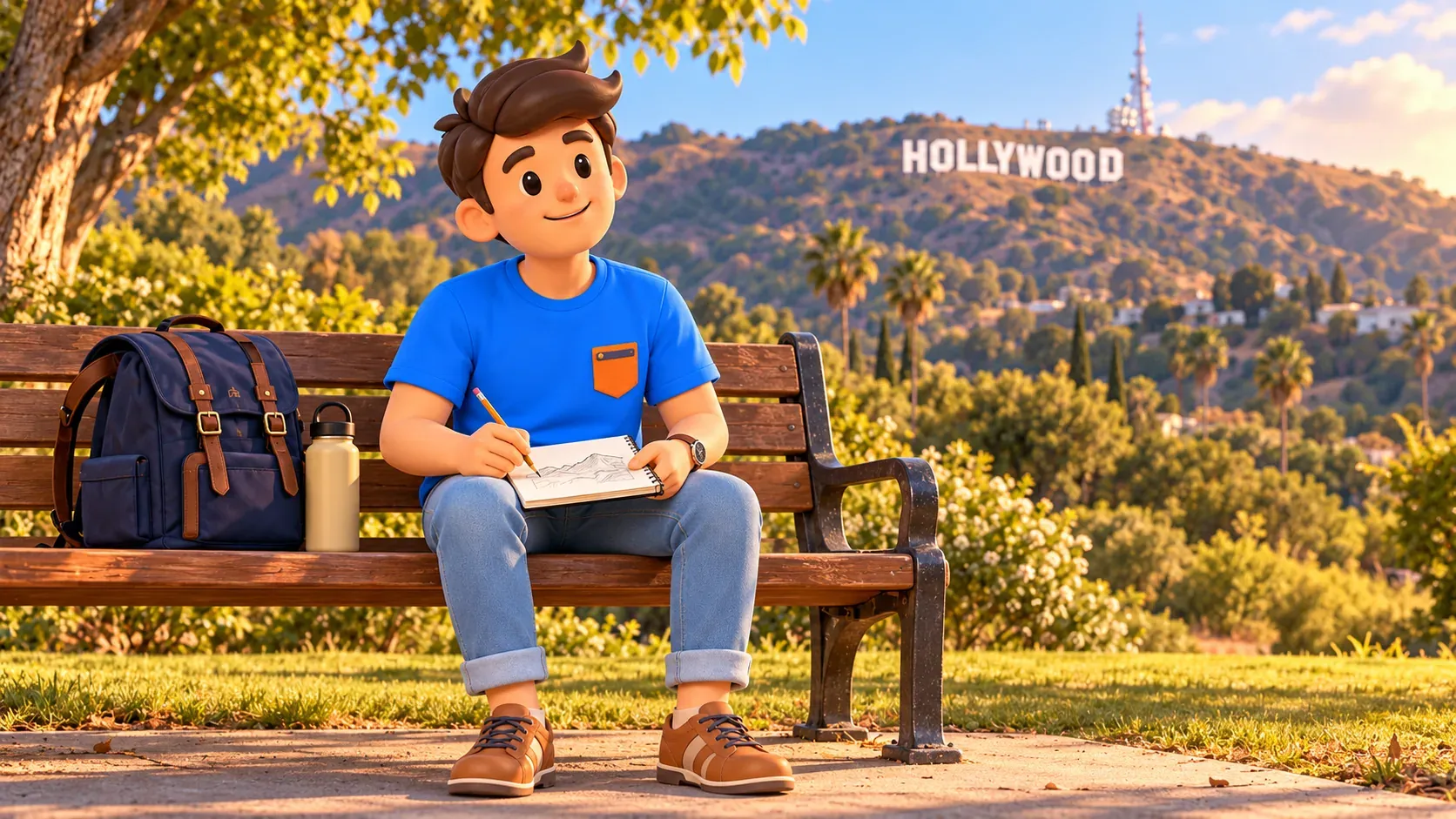 Viajero dibujando colina con Hollywood distante en un parque ficticio; ilustración.