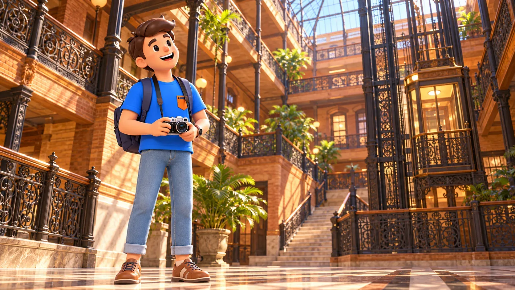 Viajero en un atrio ficticio inspirado en Bradbury Building; ilustración sin garantía de acceso.