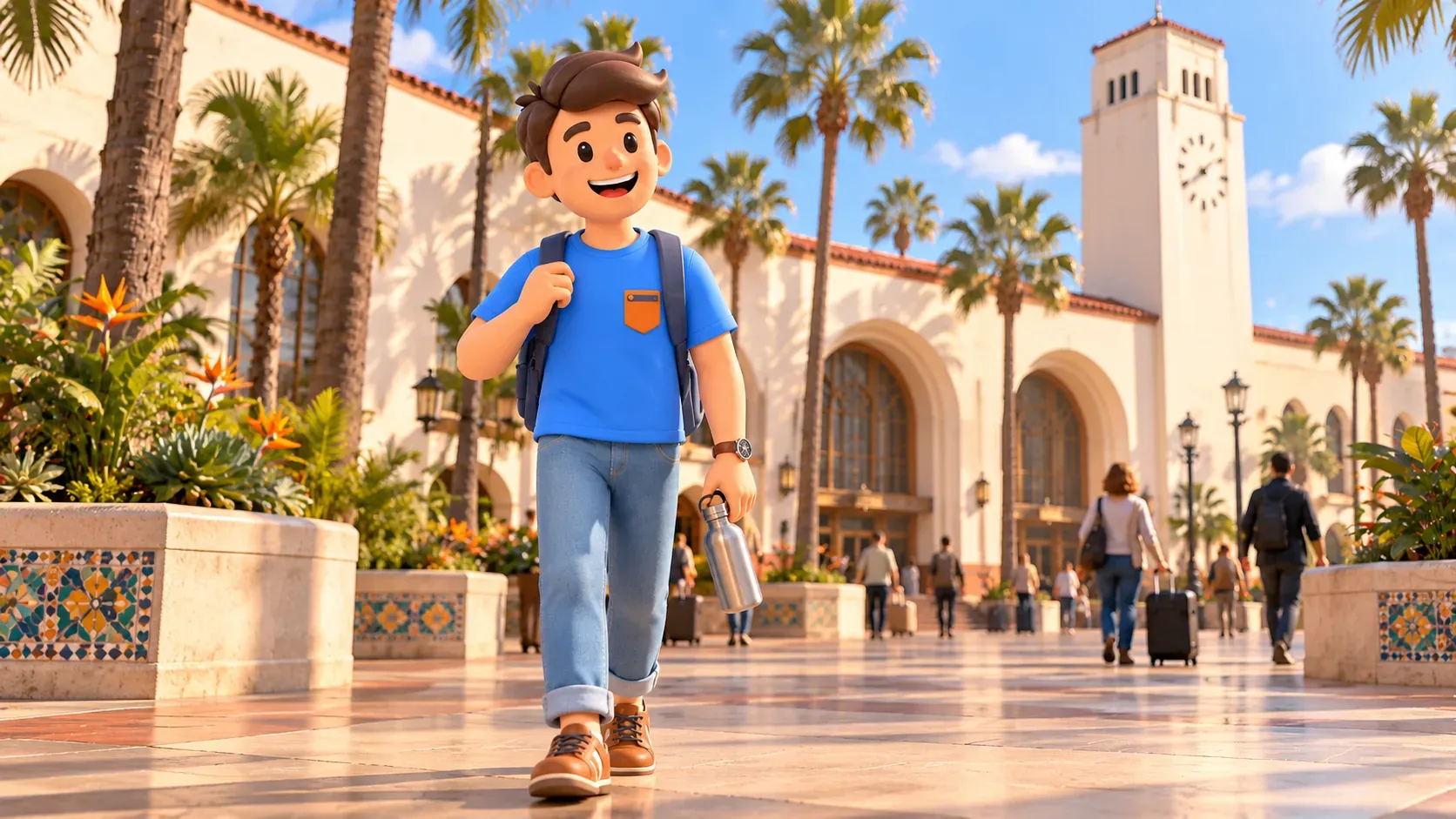 Viajero ante una estación ficticia inspirada en Union Station; ilustración.