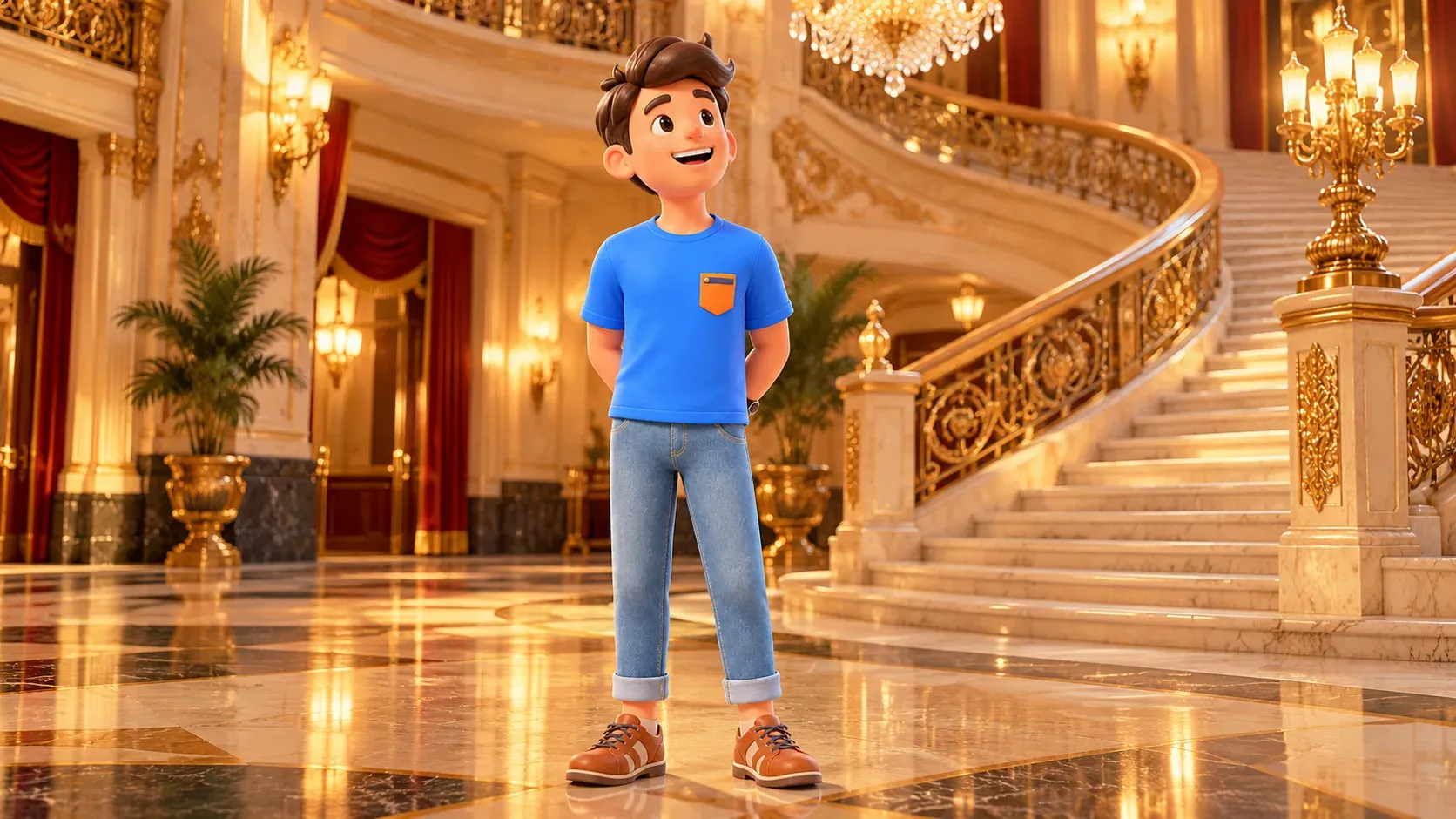 Traveler viewing a fictional theatre foyer; illustration without an access promise.
