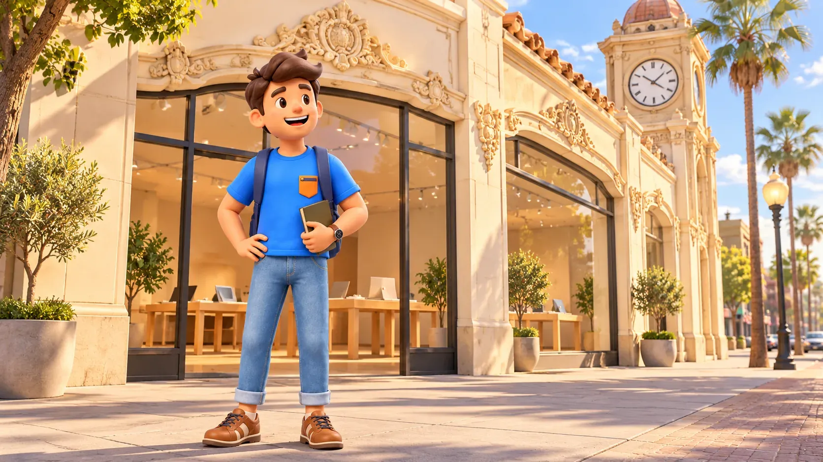 Traveler outside a fictional historic theatre adapted to retail; illustration.