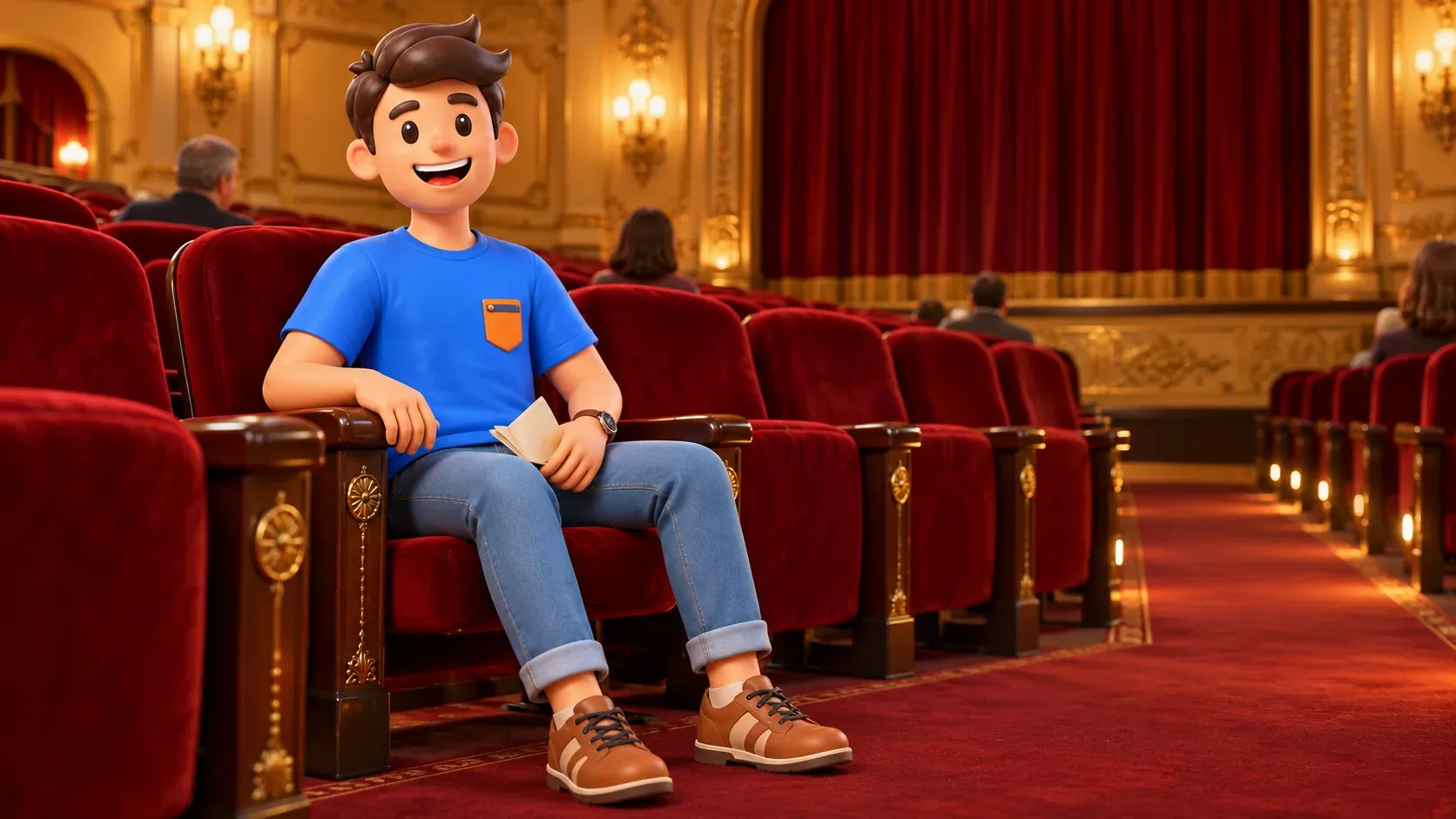 Traveler with a programme before an event in a fictional theatre; illustration.