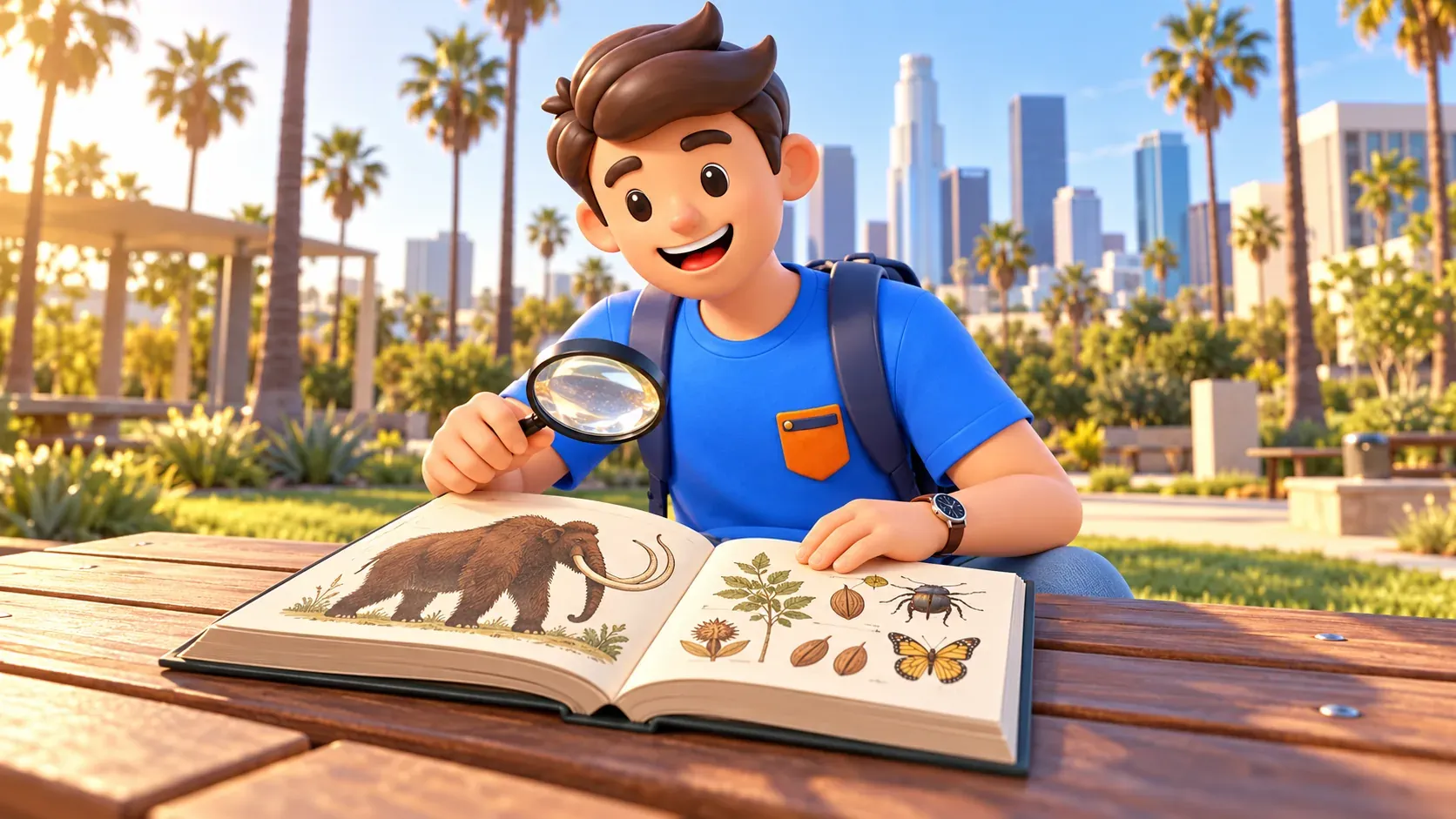 Viajero examinando dibujos de mamut, plantas e insectos en su libro; ilustración.