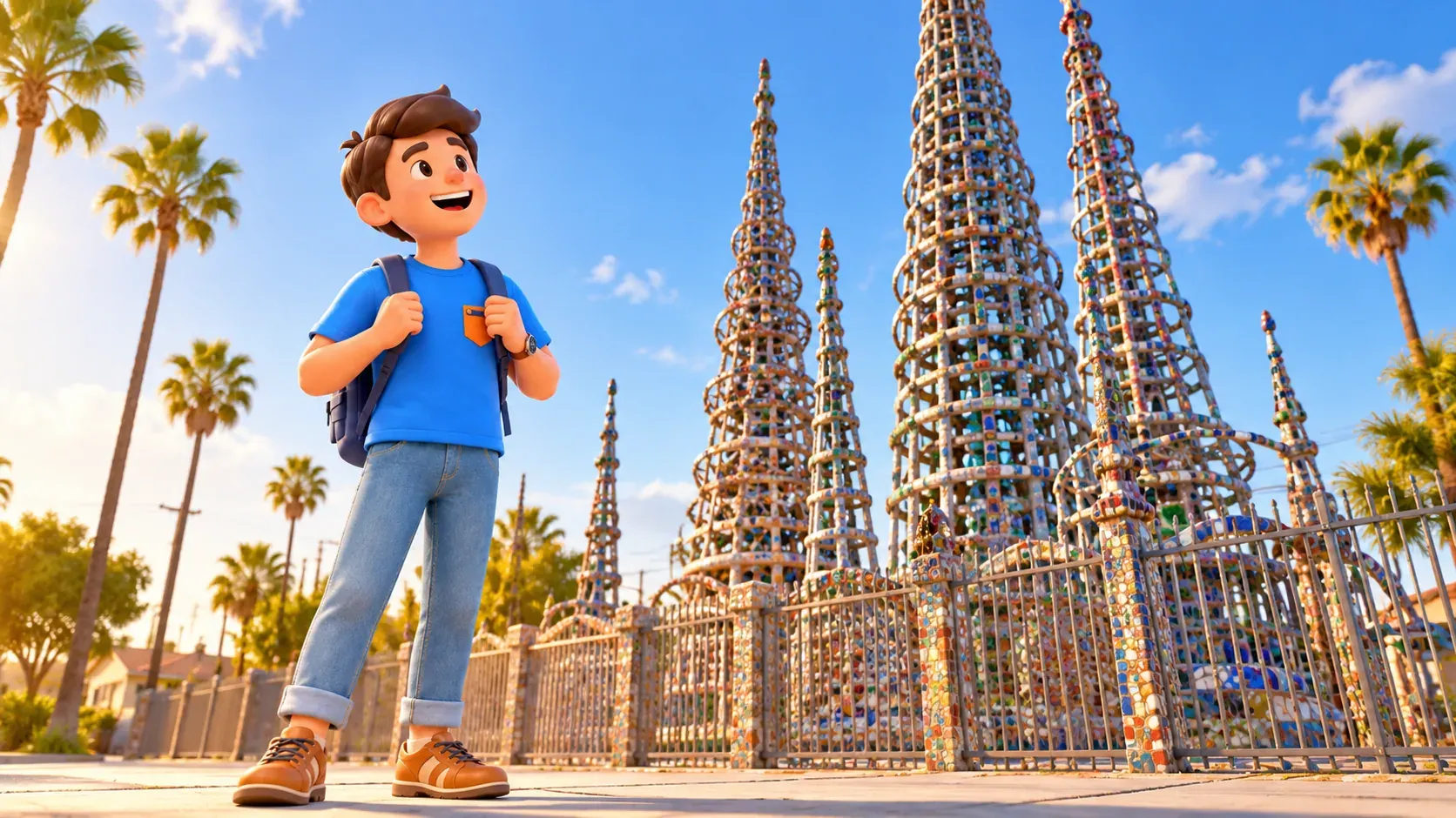 Traveler looking up at fictional lattice towers from outside a fence; illustration.