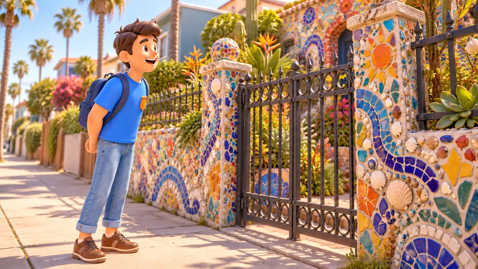 Traveler on a sidewalk outside the closed gate of a fictional mosaic house; illustration.