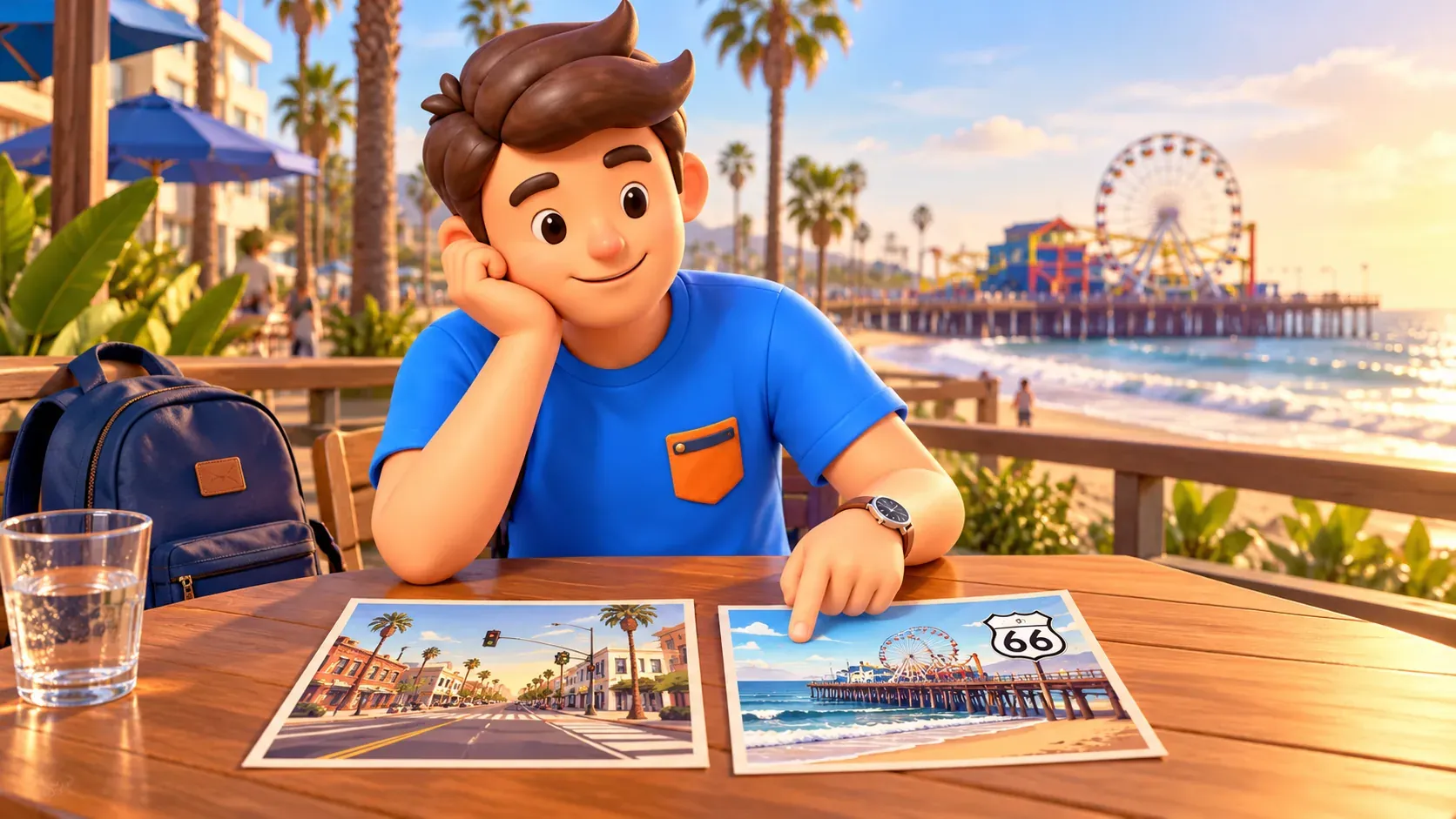 Traveler comparing fictional intersection and pier postcards; illustration, not archival documents.